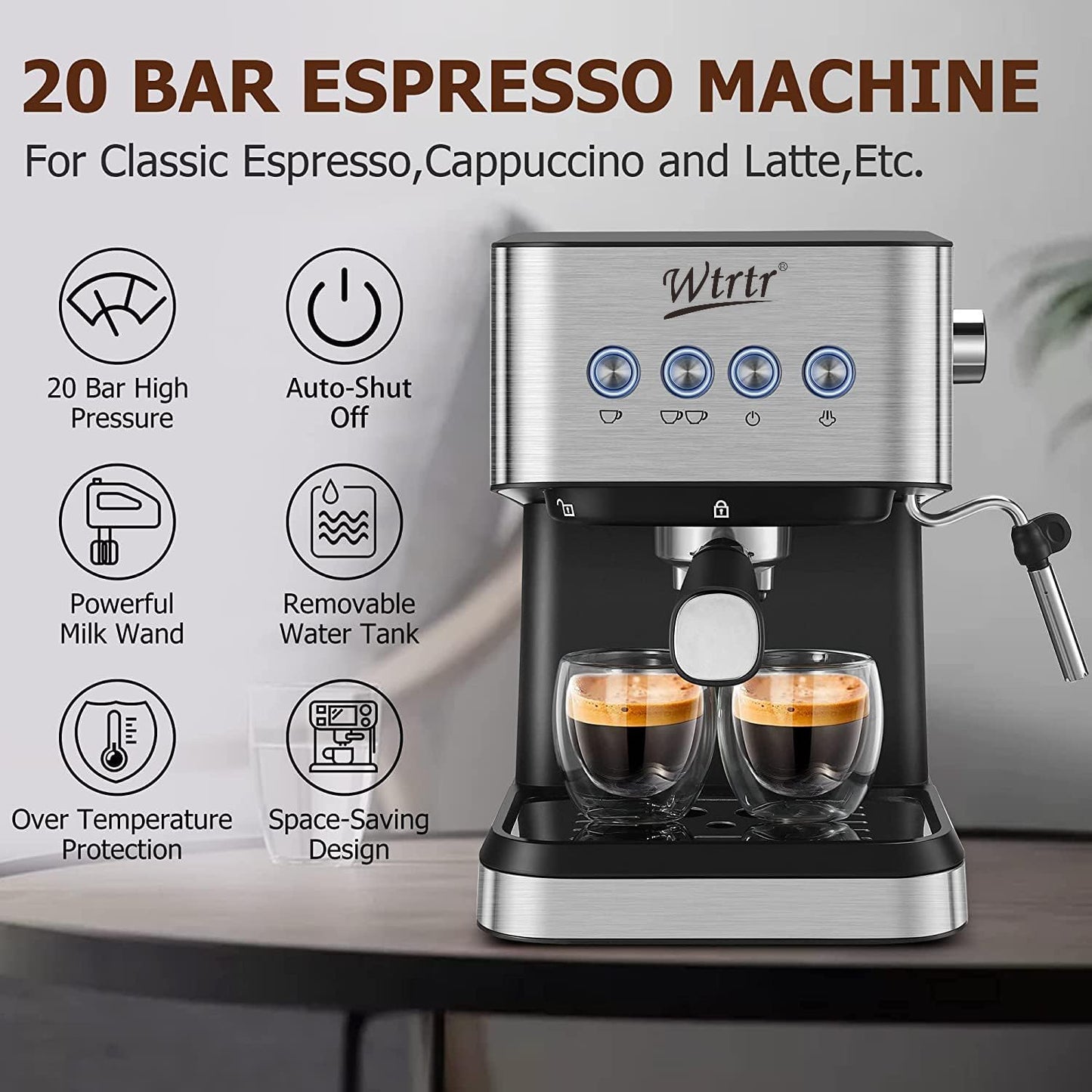 Wtrtr Espresso Machine Coffee, Professional Espresso Maker with Milk Frother Steam Wand,Espresso Manual Coffee Machines,Cappuccino& Latte Macchiato Coffee Maker