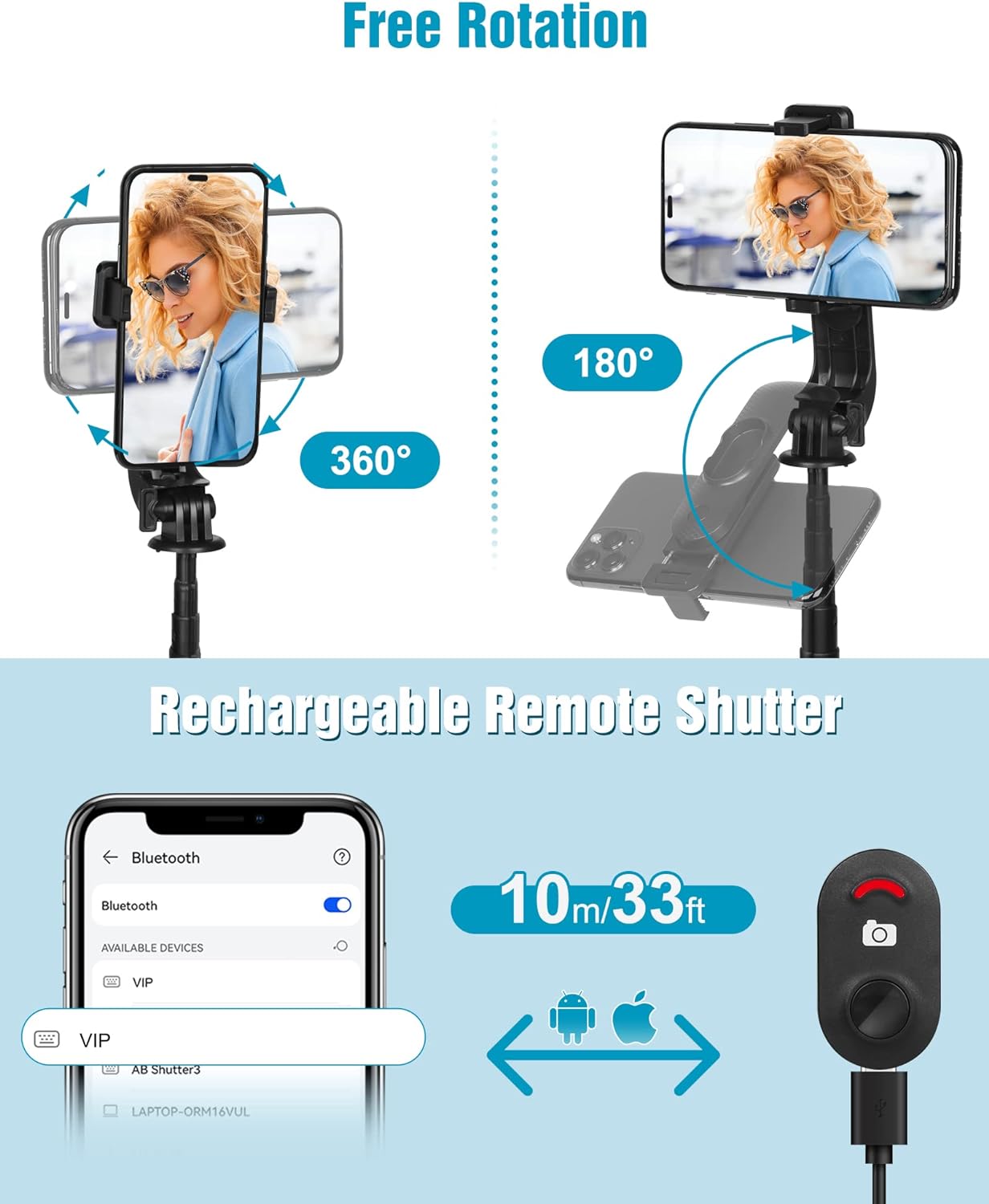 Eocean Selfie Stick Tripod,140cm Extendable Phone Tripod Stand for iPhone/Android Phone, Travel Tripod with Rechargeable Remote & Camera Connector Kit, Portable and Compact