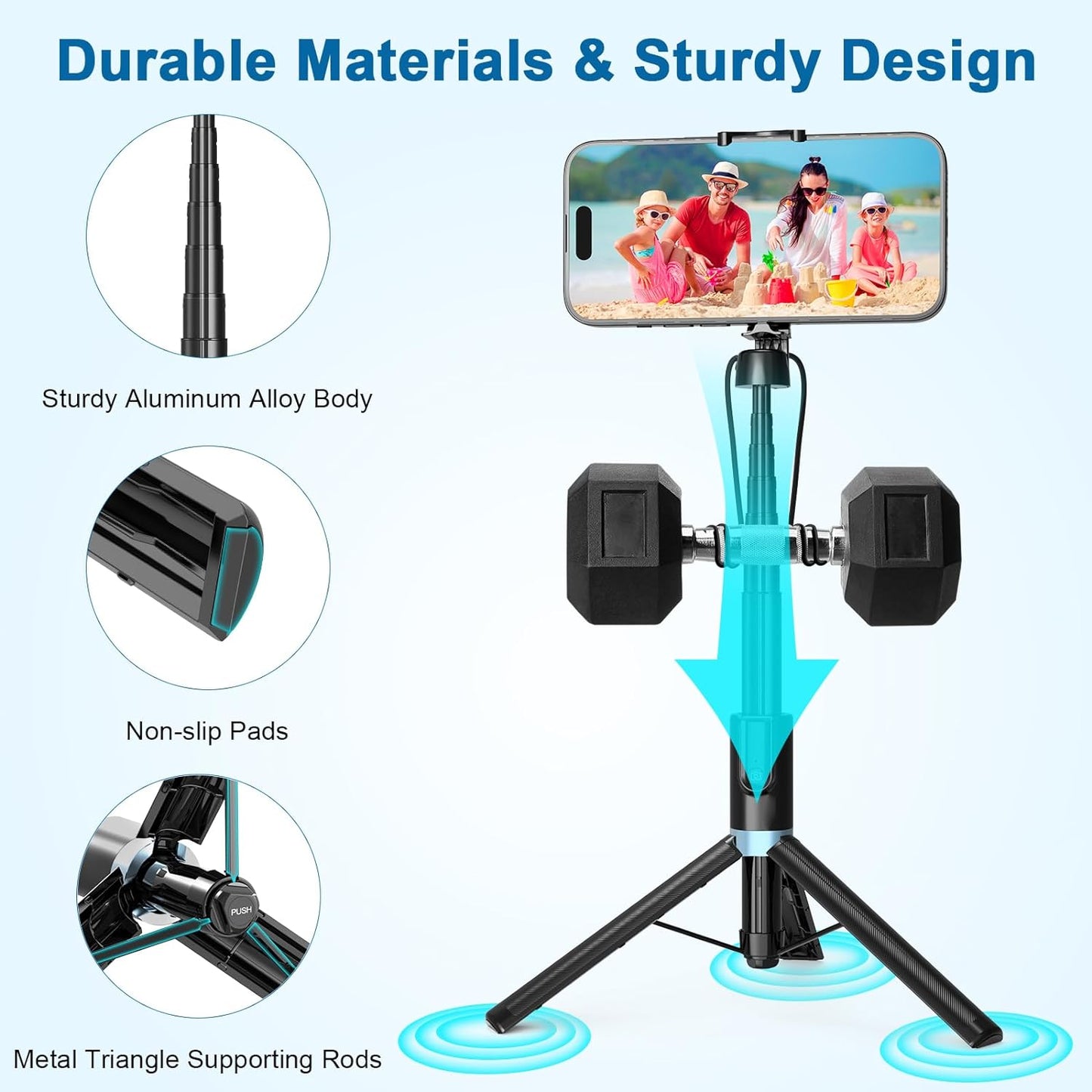 Eocean Selfie Stick Tripod,140cm Extendable Phone Tripod Stand for iPhone/Android Phone, Travel Tripod with Rechargeable Remote & Camera Connector Kit, Portable and Compact
