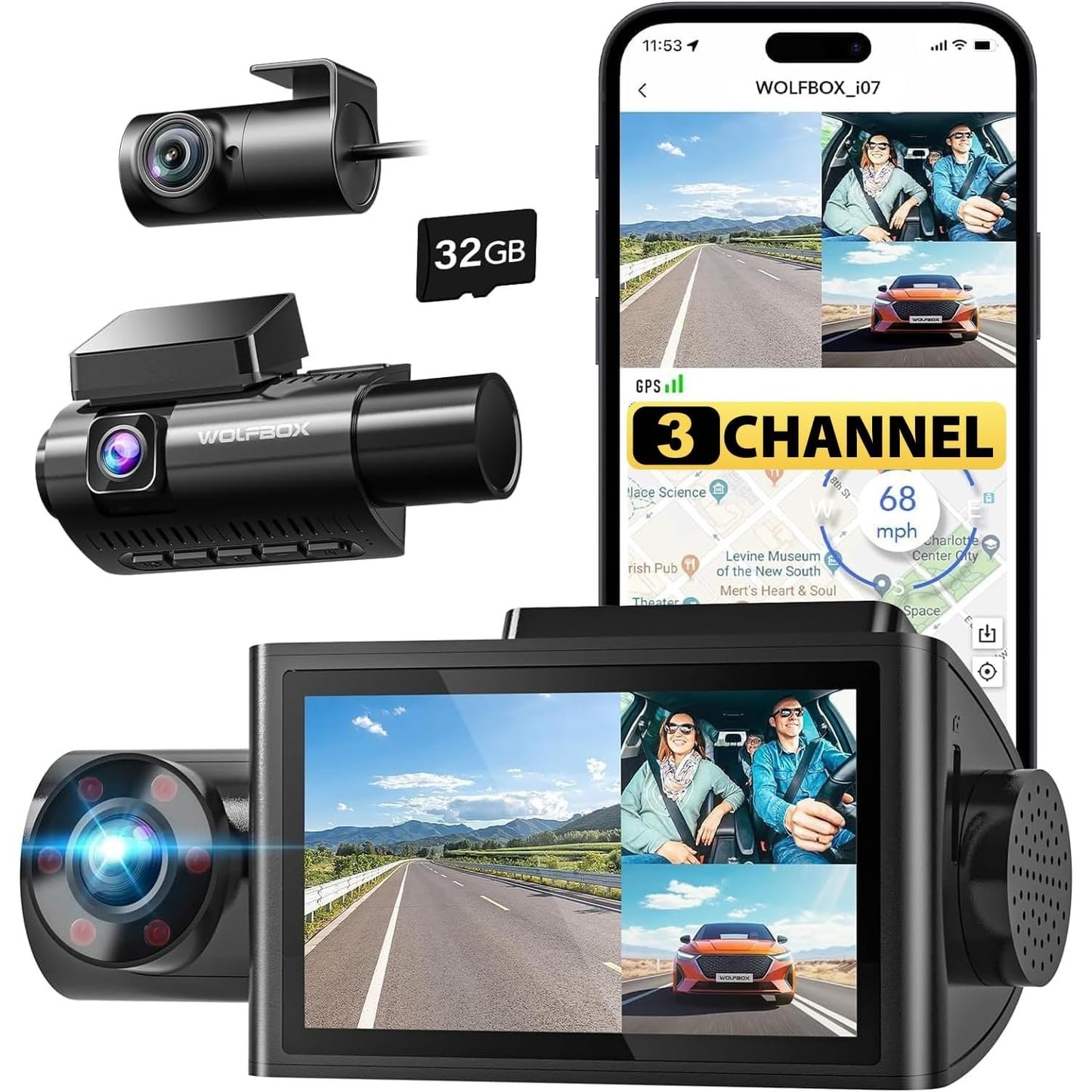 WOLFBOX i07 Dash Cam 3 Channel with WiFi GPS, 4K Dash Camera Front and Inside, 3 Way Dash Camera for Cars, 3" LCD Dash Cam Front and Rear, Super IR Night Vision, 24H Time Lapse, Support 512GB Max