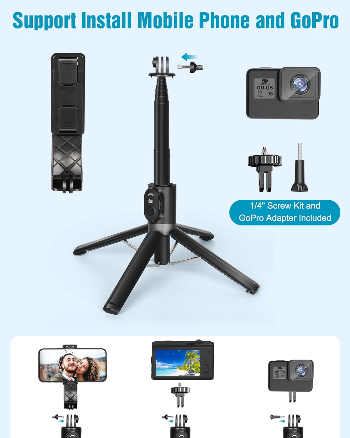 Eocean Selfie Stick Tripod,140cm Extendable Phone Tripod Stand for iPhone/Android Phone, Travel Tripod with Rechargeable Remote & Camera Connector Kit, Portable and Compact