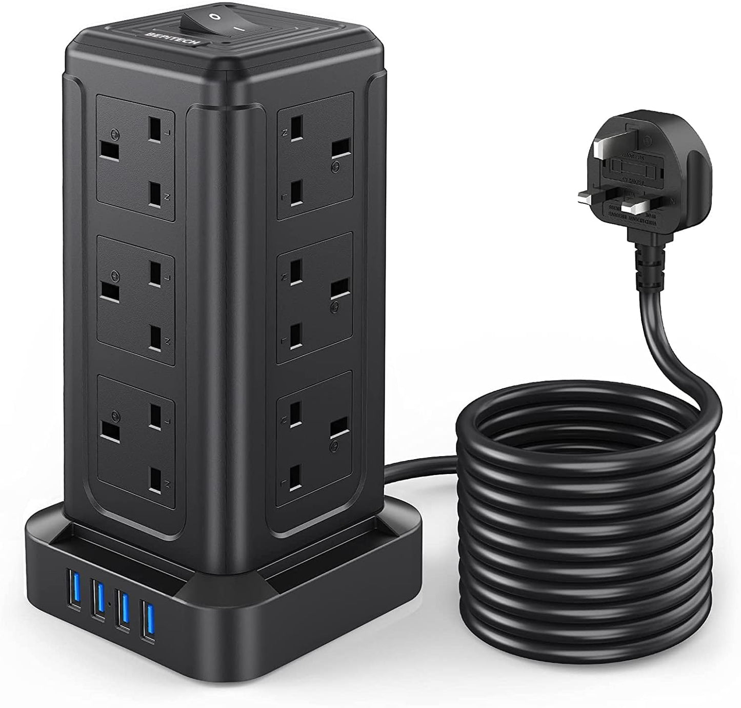 BEPiTECH 3-Meter Power Extension Cord Tower,12 Power Sockets 2500W suitable for big plugs with 4 Smart USB Slots Charging Station, Surge Protector Heavy Duty Power Strip for Office & Home Desktop