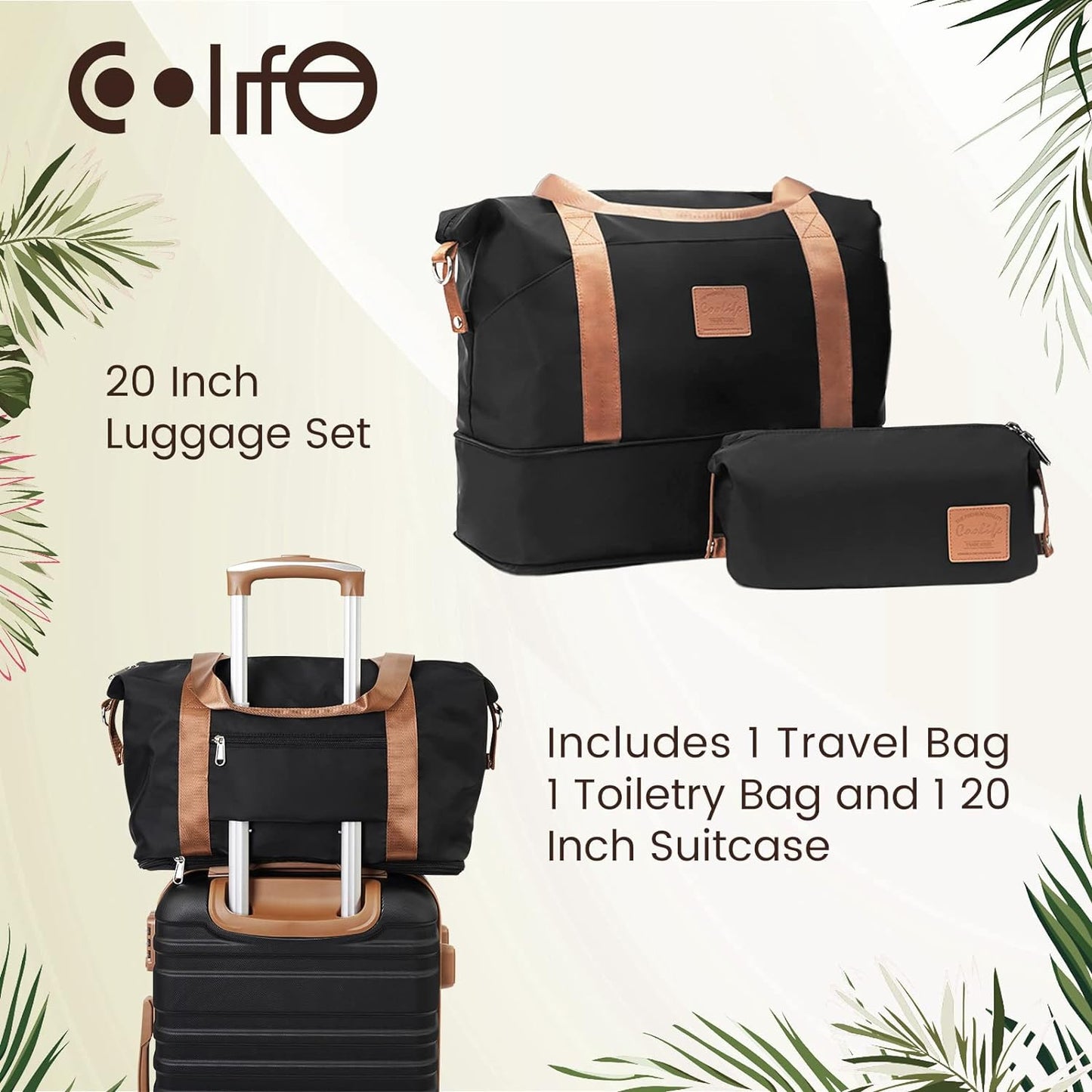 COOLIFE Suitcase Trolley Carry On Hand Cabin Luggage Hard Shell Travel Bag Lightweight with TSA Lock,The Suitcase Included 1pcs Travel Bag and 1pcs Toiletry Bag (White/Brown, 24 Inch Luggage Set)