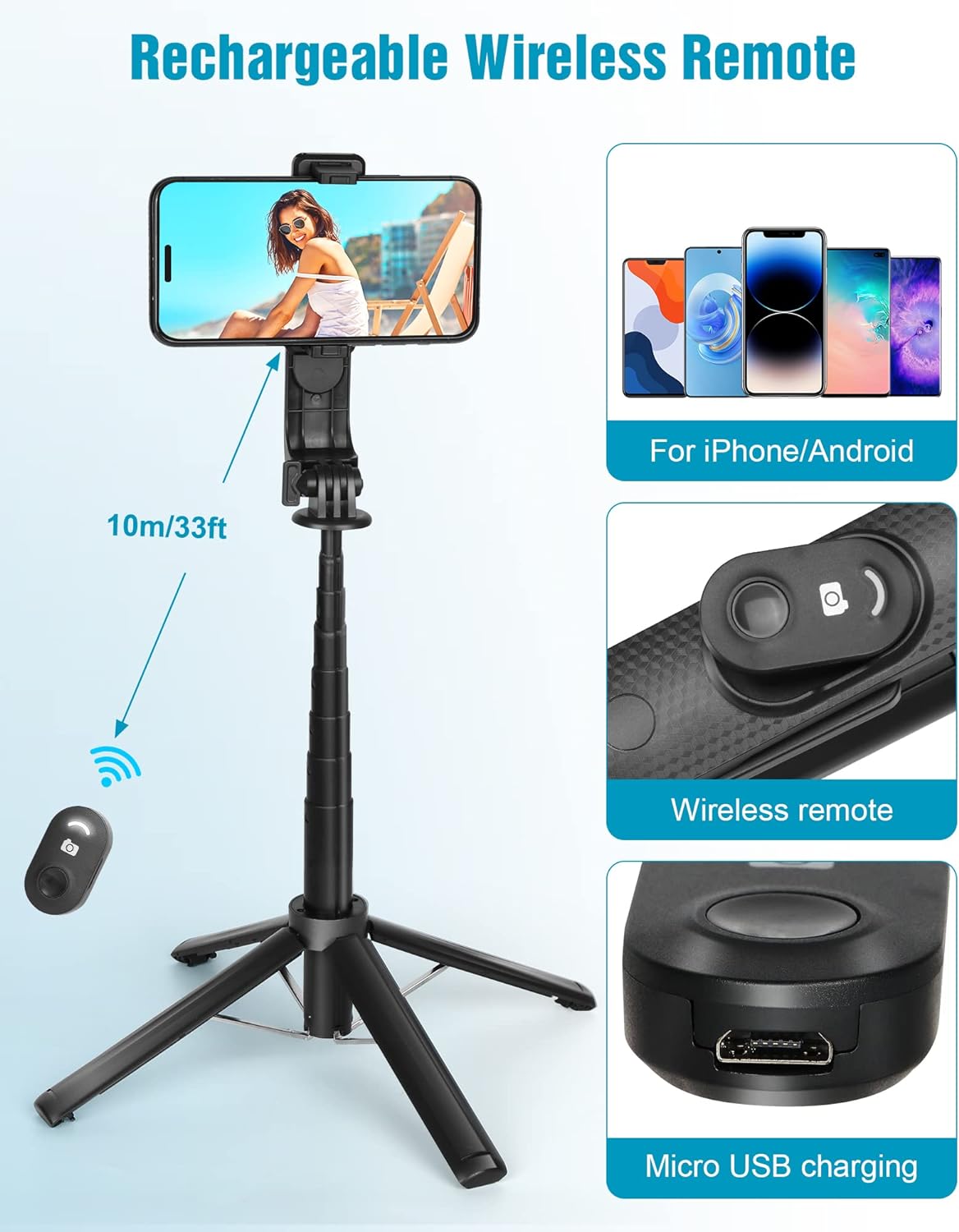 Eocean Selfie Stick Tripod,140cm Extendable Phone Tripod Stand for iPhone/Android Phone, Travel Tripod with Rechargeable Remote & Camera Connector Kit, Portable and Compact