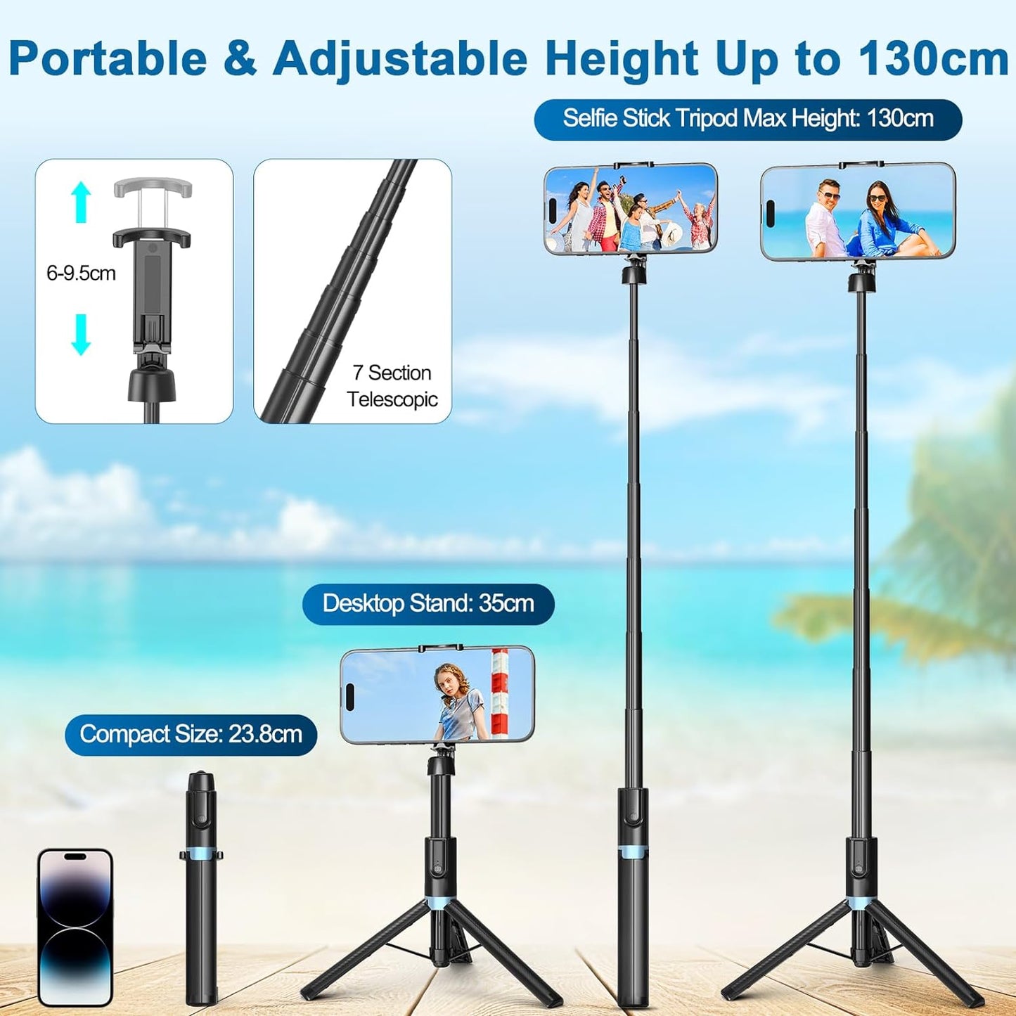 Eocean Selfie Stick Tripod,140cm Extendable Phone Tripod Stand for iPhone/Android Phone, Travel Tripod with Rechargeable Remote & Camera Connector Kit, Portable and Compact