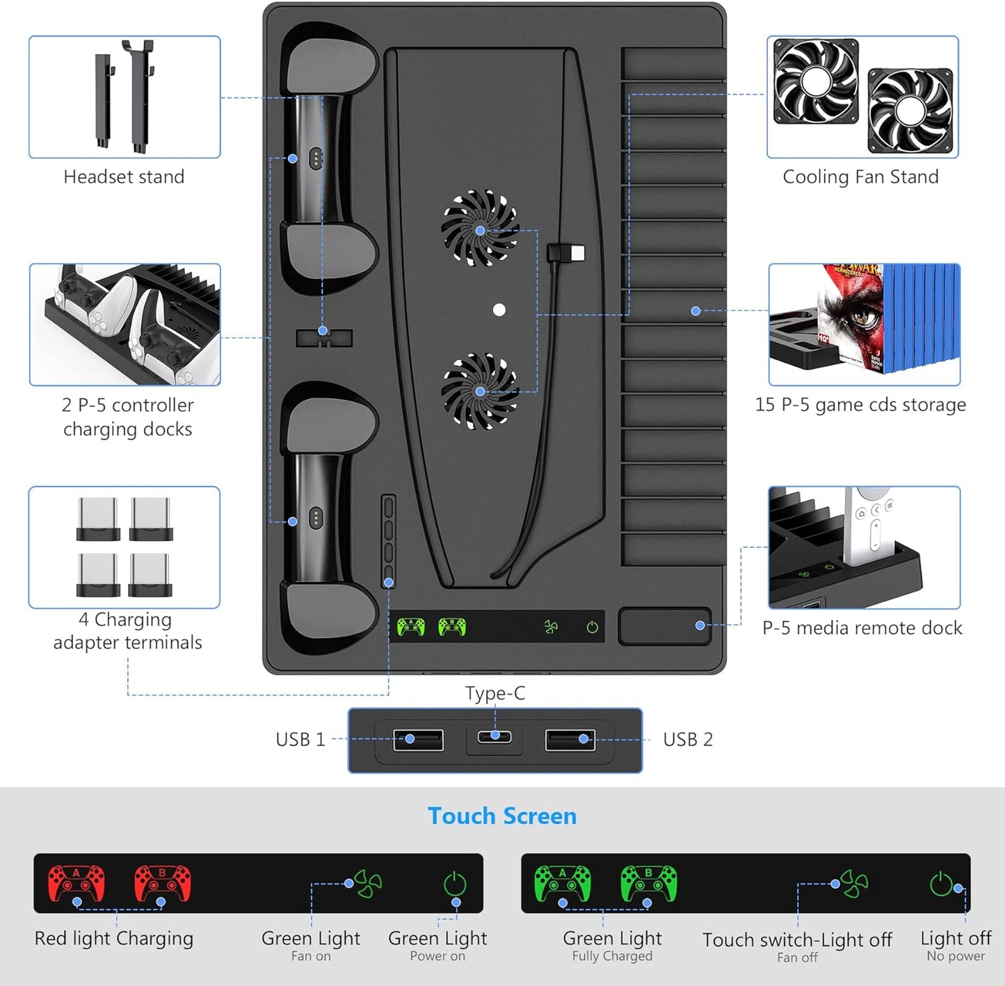 BSOON Vertical Stand with Cooling Fan,PS5 Accessories for PS5 Games & Playstation 5 Console, Built-in Headset Holder, Dual Controller Chargers, 15 Game Disc Slots and 1 Media Remote Organizer