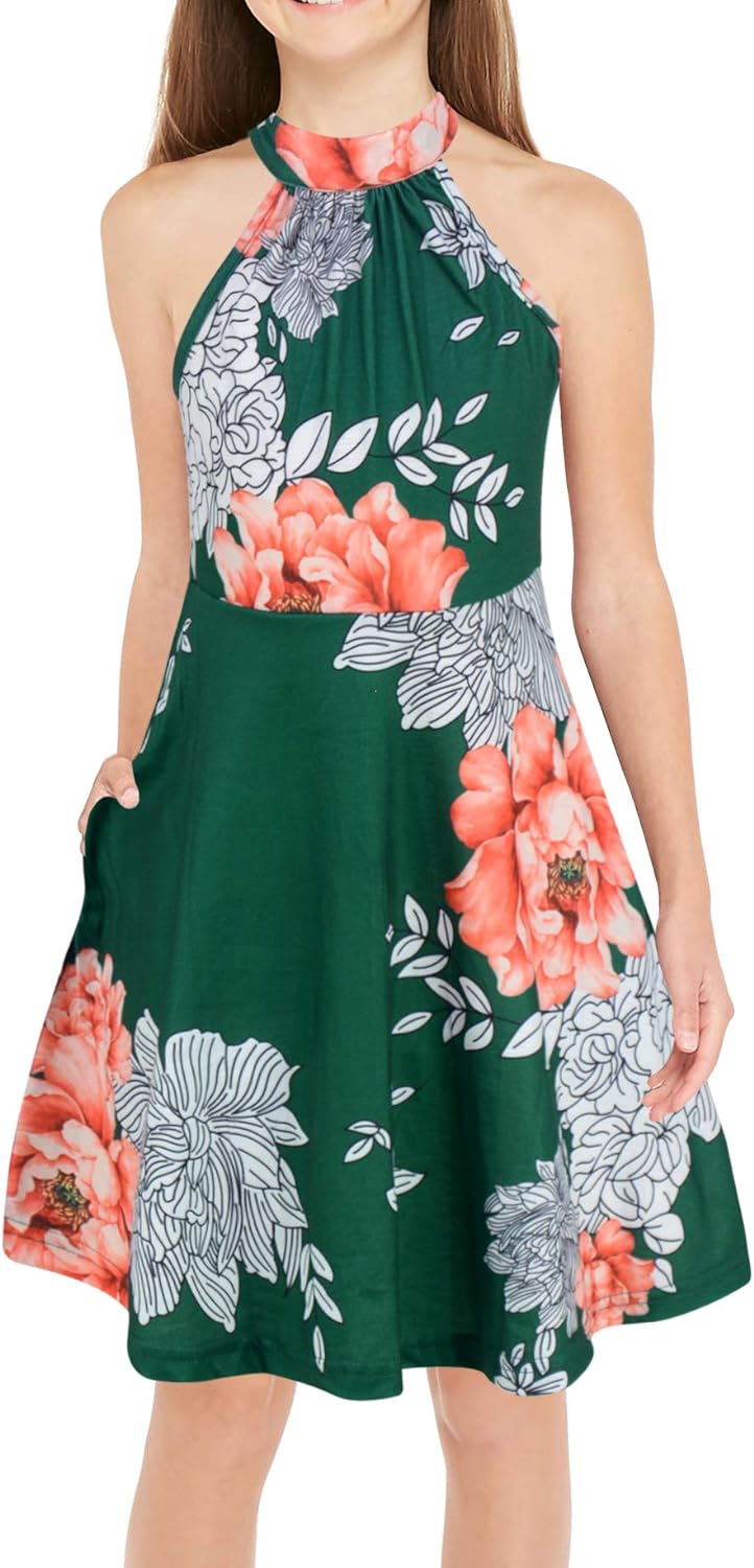 GORLYA Girl's Halter Neck Cold Shoulder Sleeveless Summer Casual Sundress A-line Dress with Pockets for 4-14T Kids