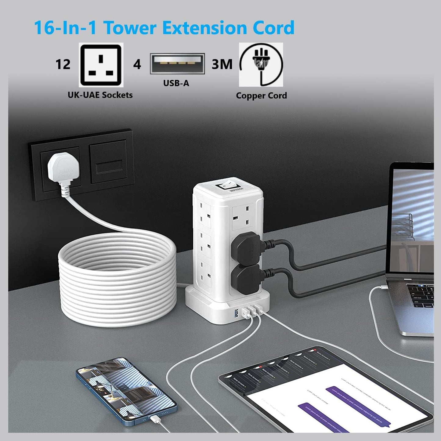 BEPiTECH 3-Meter Power Extension Cord Tower,12 Power Sockets 2500W suitable for big plugs with 4 Smart USB Slots Charging Station, Surge Protector Heavy Duty Power Strip for Office & Home Desktop