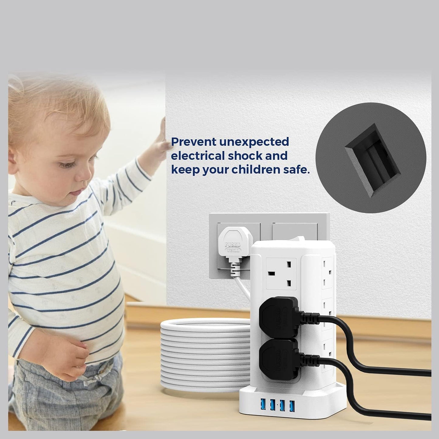 BEPiTECH 3-Meter Power Extension Cord Tower,12 Power Sockets 2500W suitable for big plugs with 4 Smart USB Slots Charging Station, Surge Protector Heavy Duty Power Strip for Office & Home Desktop