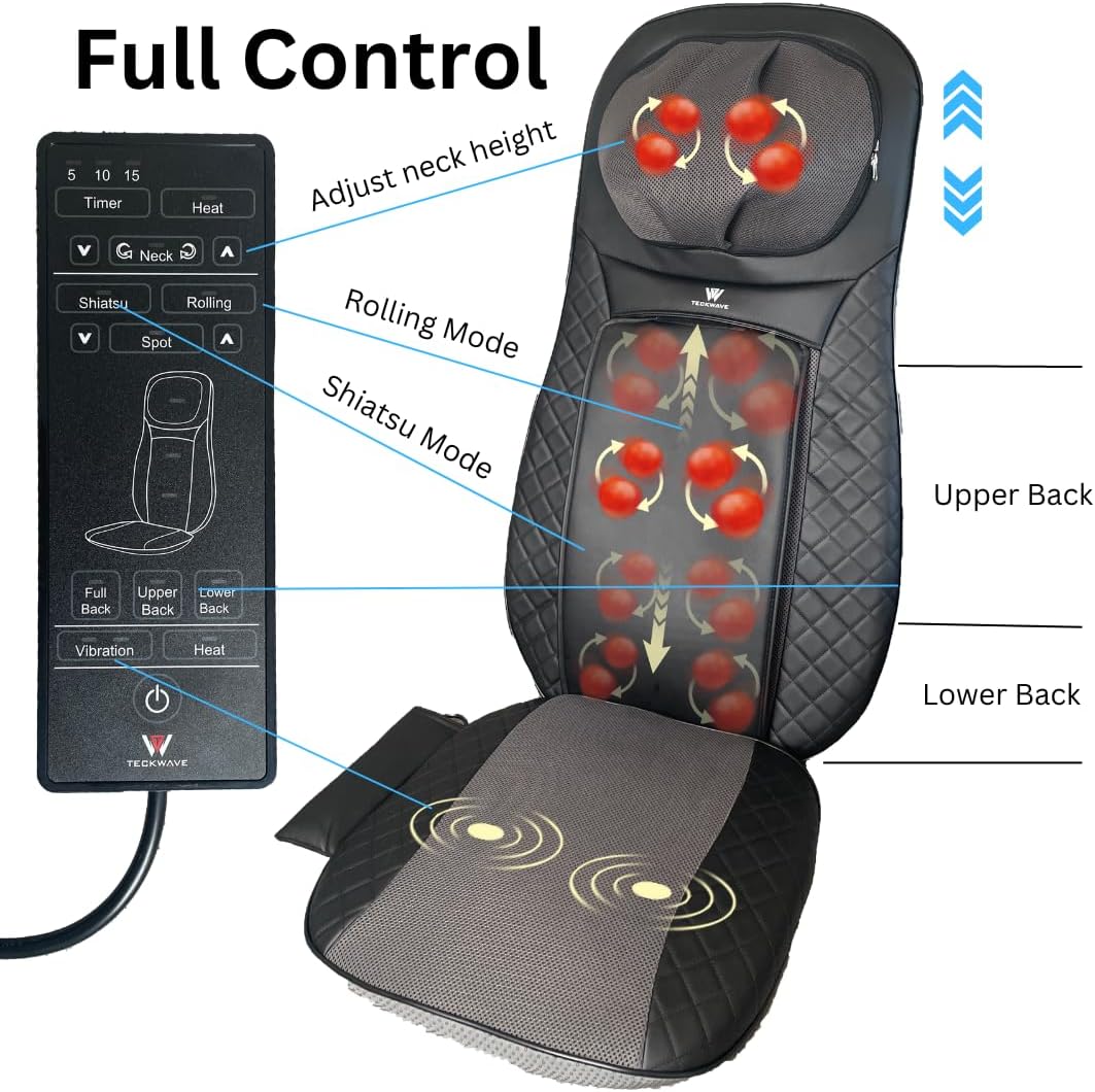 TECKWAVE Total Back, Shoulder & Neck Massager with Multi Massage Mode, Heat & Vibration Seat (1 Year Warranty)