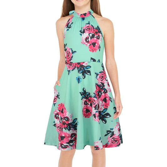 GORLYA Girl's Halter Neck Cold Shoulder Sleeveless Summer Casual Sundress A-line Dress with Pockets for 4-14T Kids