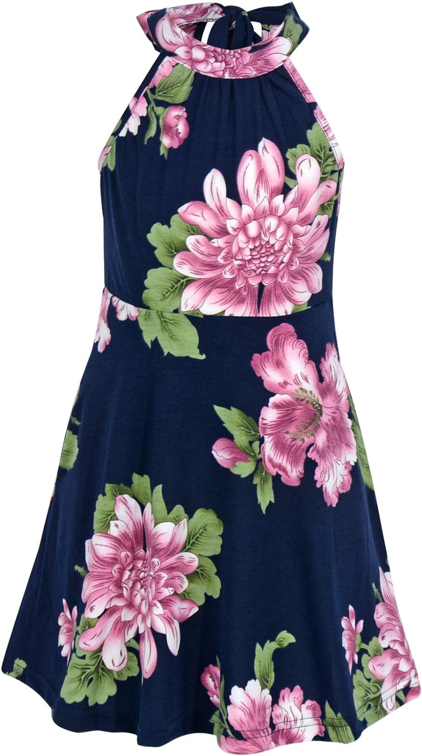 GORLYA Girl's Halter Neck Cold Shoulder Sleeveless Summer Casual Sundress A-line Dress with Pockets for 4-14T Kids