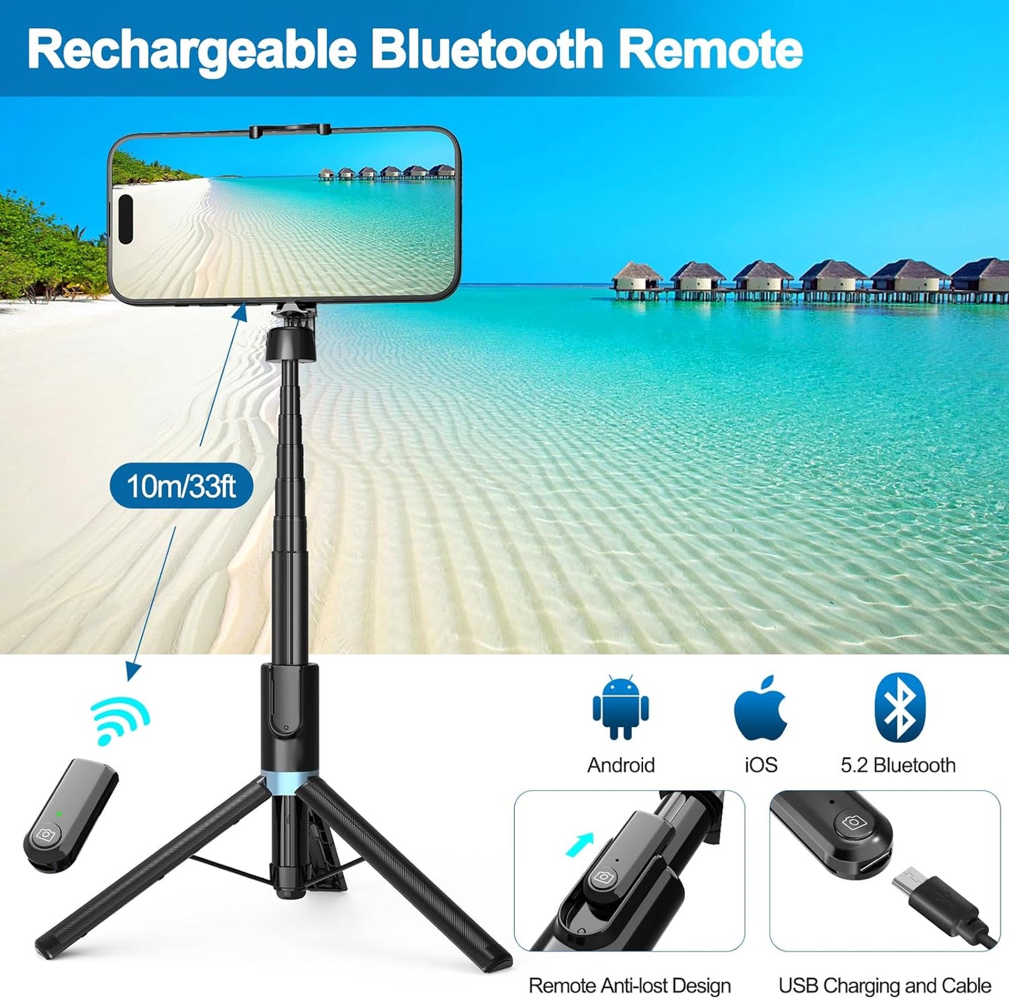 Eocean Selfie Stick Tripod,140cm Extendable Phone Tripod Stand for iPhone/Android Phone, Travel Tripod with Rechargeable Remote & Camera Connector Kit, Portable and Compact