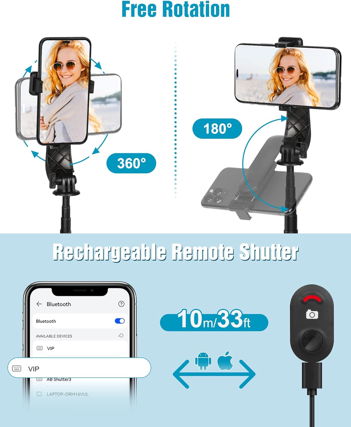 Eocean Selfie Stick Tripod,140cm Extendable Phone Tripod Stand for iPhone/Android Phone, Travel Tripod with Rechargeable Remote & Camera Connector Kit, Portable and Compact
