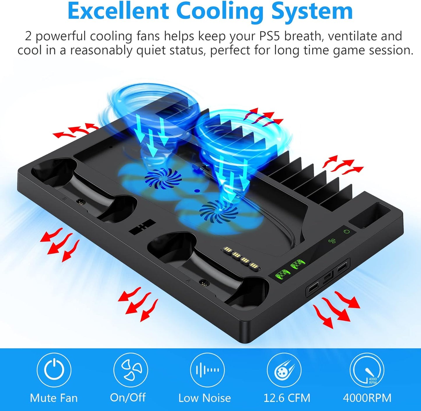 BSOON Vertical Stand with Cooling Fan,PS5 Accessories for PS5 Games & Playstation 5 Console, Built-in Headset Holder, Dual Controller Chargers, 15 Game Disc Slots and 1 Media Remote Organizer