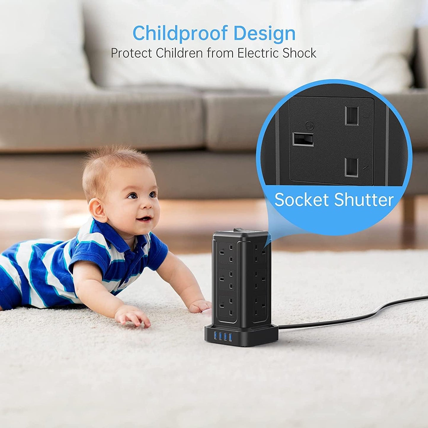 BEPiTECH 3-Meter Power Extension Cord Tower,12 Power Sockets 2500W suitable for big plugs with 4 Smart USB Slots Charging Station, Surge Protector Heavy Duty Power Strip for Office & Home Desktop