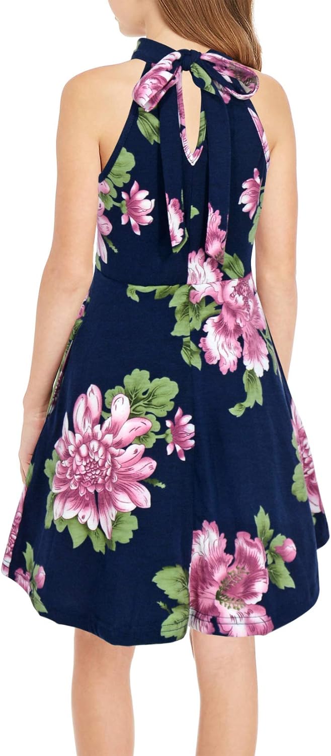 GORLYA Girl's Halter Neck Cold Shoulder Sleeveless Summer Casual Sundress A-line Dress with Pockets for 4-14T Kids
