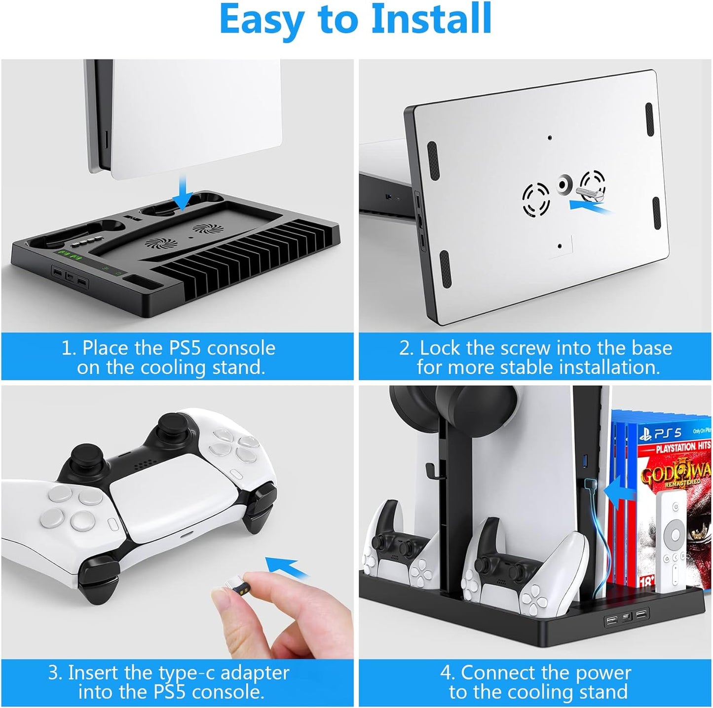 BSOON Vertical Stand with Cooling Fan,PS5 Accessories for PS5 Games & Playstation 5 Console, Built-in Headset Holder, Dual Controller Chargers, 15 Game Disc Slots and 1 Media Remote Organizer