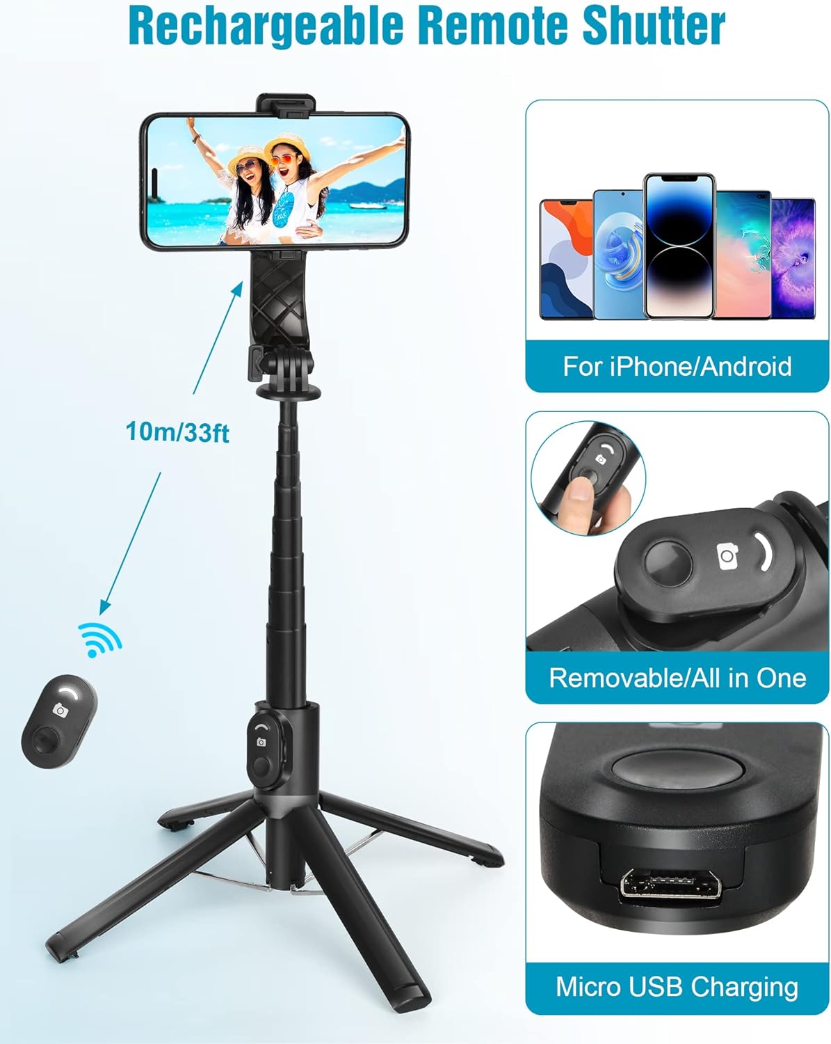 Eocean Selfie Stick Tripod,140cm Extendable Phone Tripod Stand for iPhone/Android Phone, Travel Tripod with Rechargeable Remote & Camera Connector Kit, Portable and Compact