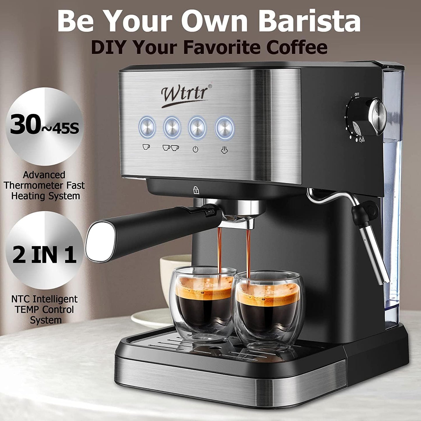 Wtrtr Espresso Machine Coffee, Professional Espresso Maker with Milk Frother Steam Wand,Espresso Manual Coffee Machines,Cappuccino& Latte Macchiato Coffee Maker