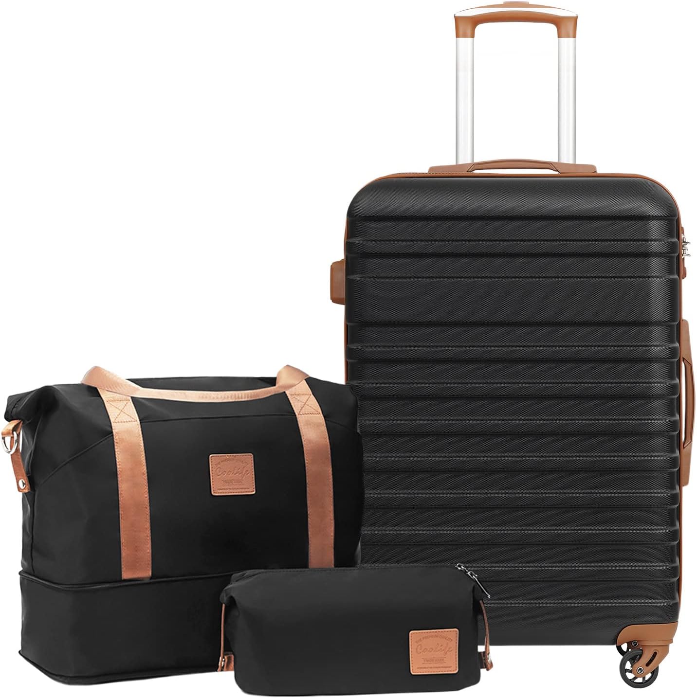 COOLIFE Suitcase Trolley Carry On Hand Cabin Luggage Hard Shell Travel Bag Lightweight with TSA Lock,The Suitcase Included 1pcs Travel Bag and 1pcs Toiletry Bag (White/Brown, 24 Inch Luggage Set)