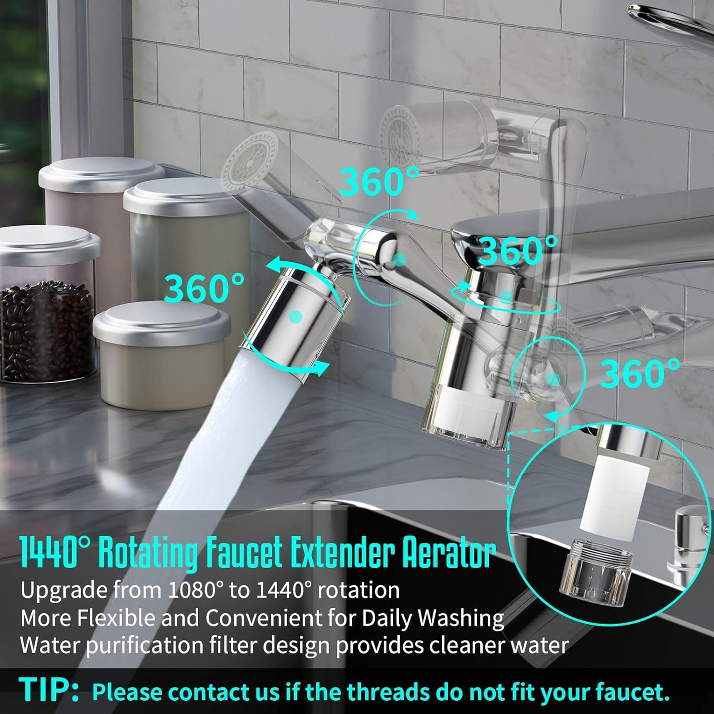 1440° Rotating Faucet Extender Aerator with Visibility Water Filter and Eight Filter Elements Replacement, Universal Foldable Splash Filter Faucet with Two Water Outlet Modes for Kitchen Bathroom Sink