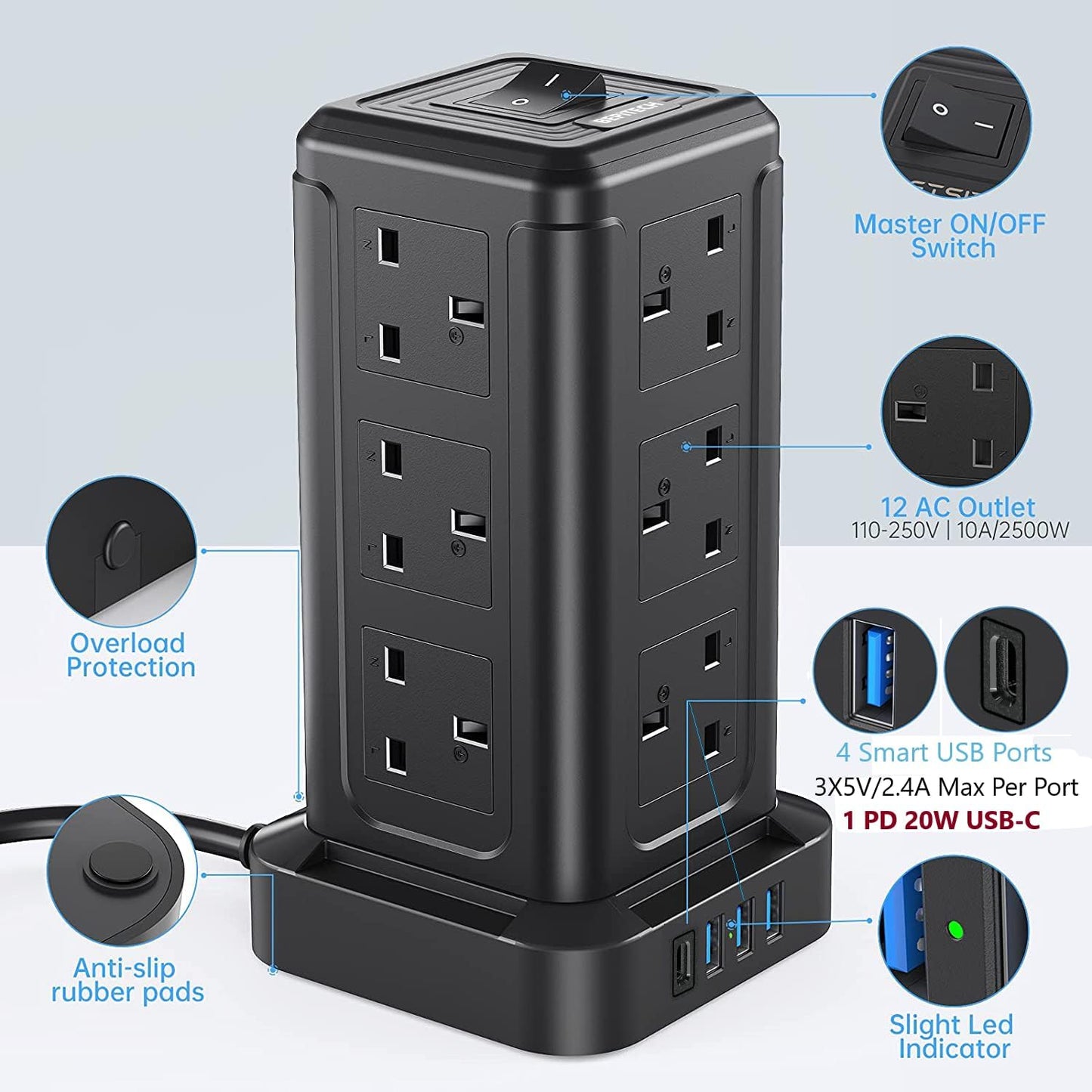 BEPiTECH 3-Meter Power Extension Cord Tower,12 Power Sockets 2500W suitable for big plugs with 4 Smart USB Slots Charging Station, Surge Protector Heavy Duty Power Strip for Office & Home Desktop