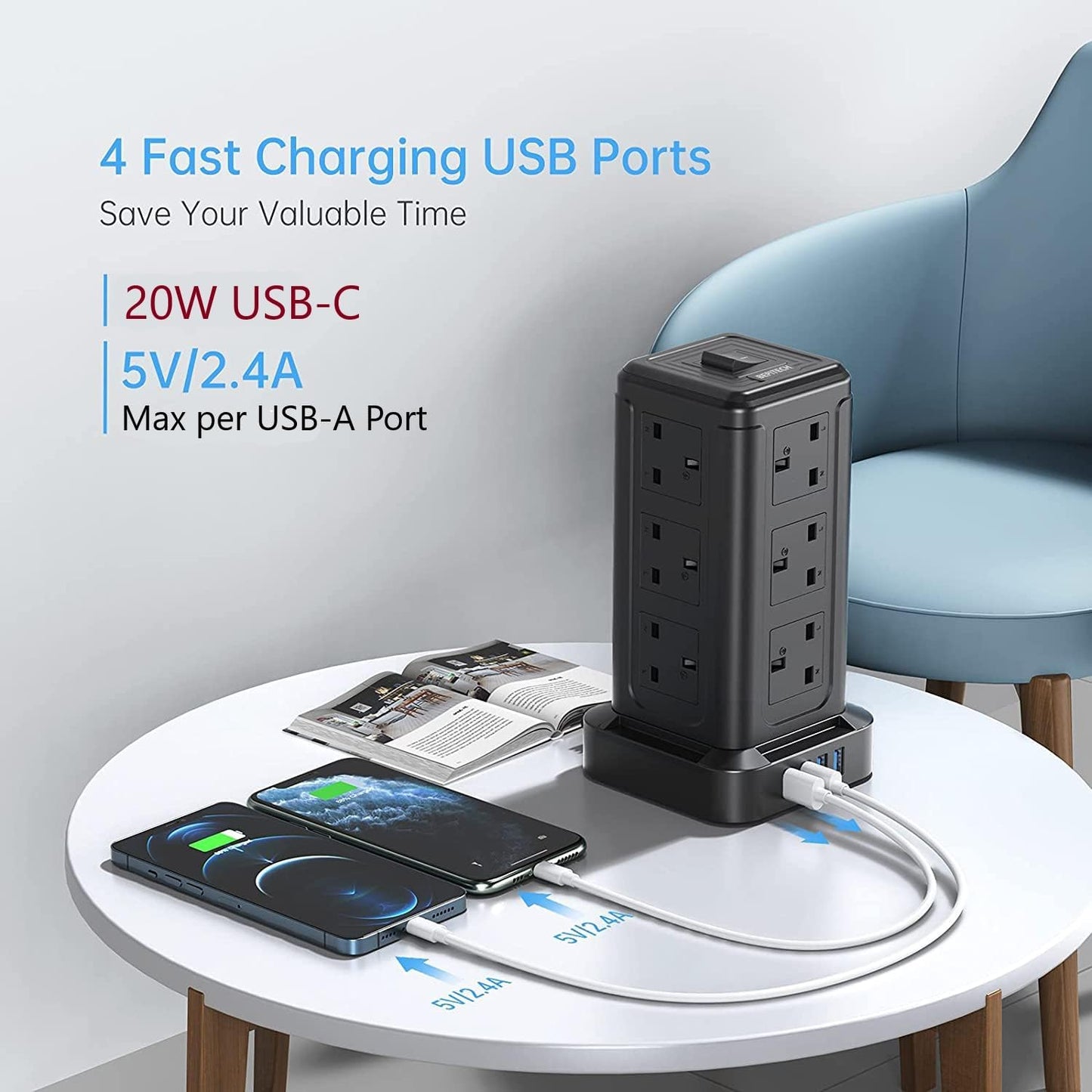 BEPiTECH 3-Meter Power Extension Cord Tower,12 Power Sockets 2500W suitable for big plugs with 4 Smart USB Slots Charging Station, Surge Protector Heavy Duty Power Strip for Office & Home Desktop