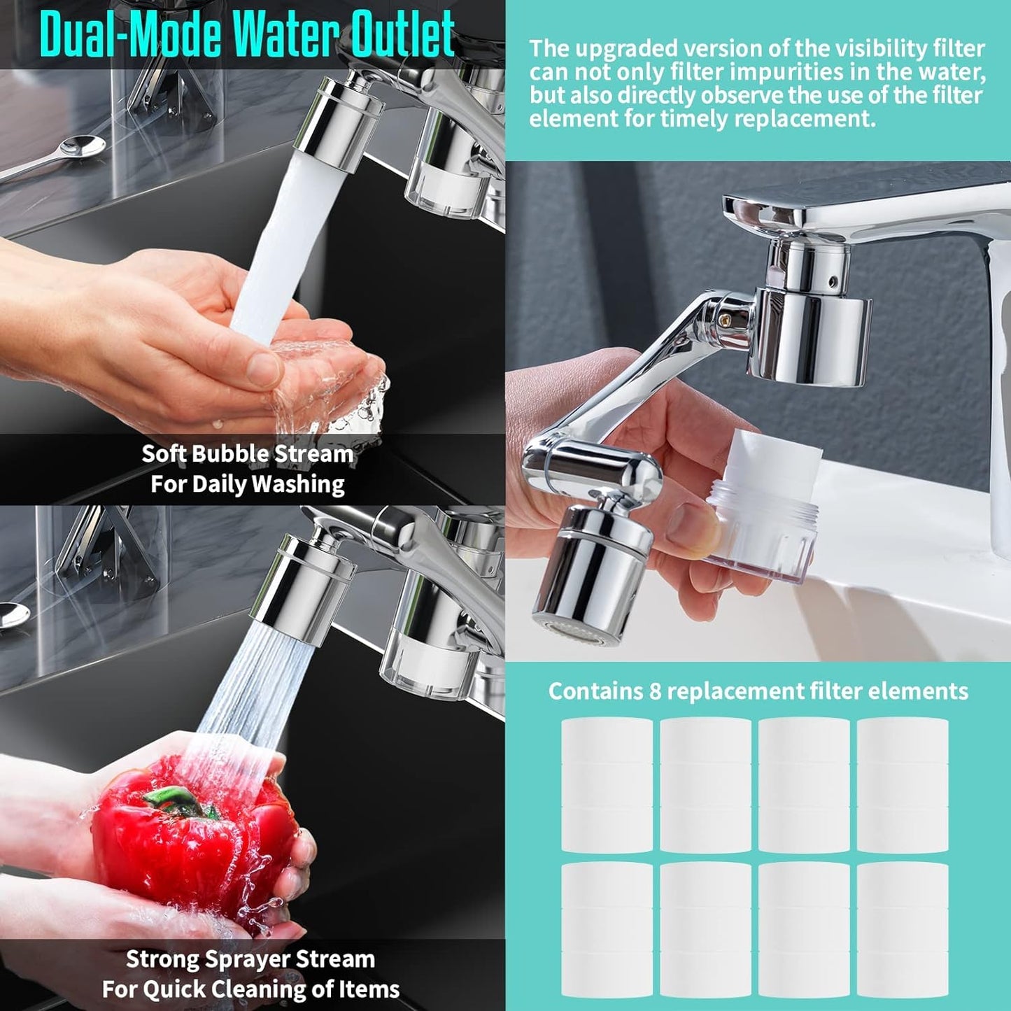 1440° Rotating Faucet Extender Aerator with Visibility Water Filter and Eight Filter Elements Replacement, Universal Foldable Splash Filter Faucet with Two Water Outlet Modes for Kitchen Bathroom Sink