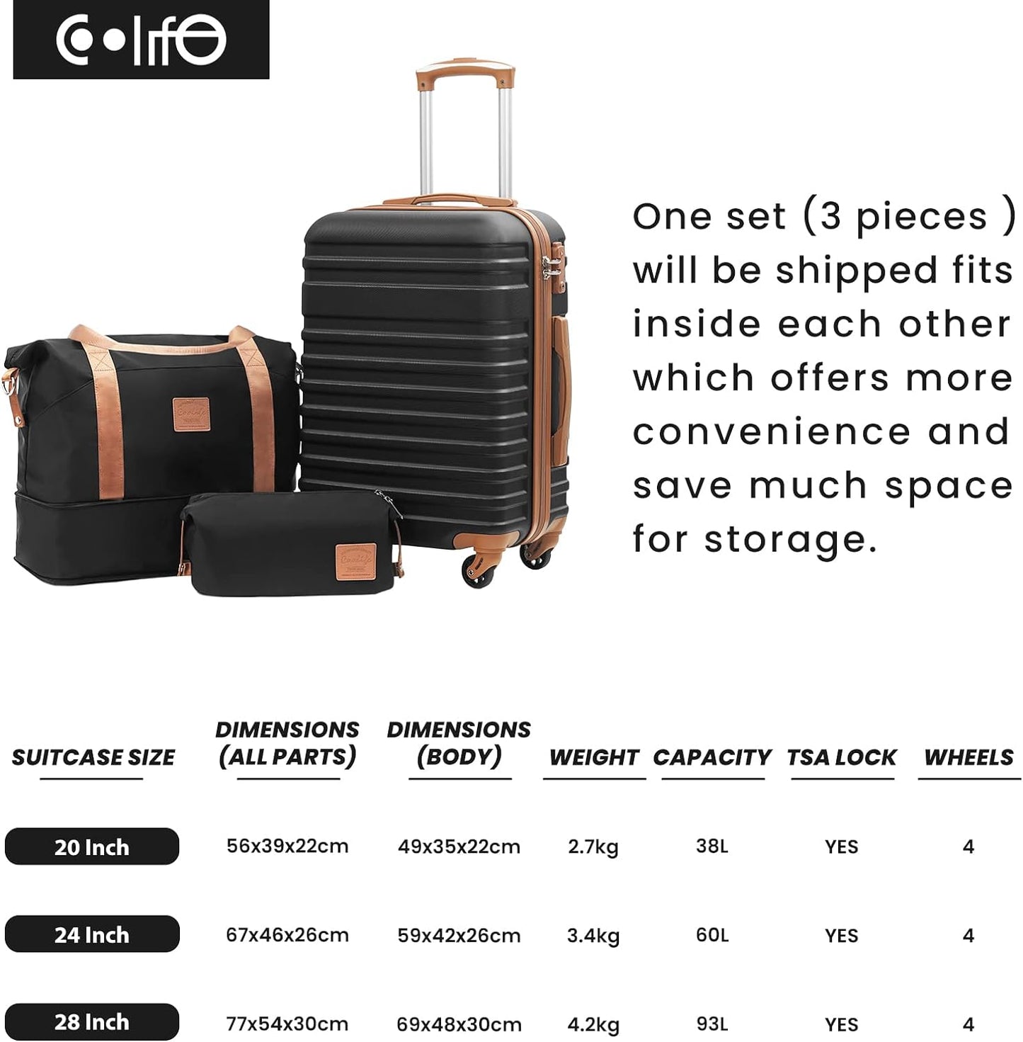 COOLIFE Suitcase Trolley Carry On Hand Cabin Luggage Hard Shell Travel Bag Lightweight with TSA Lock,The Suitcase Included 1pcs Travel Bag and 1pcs Toiletry Bag (White/Brown, 24 Inch Luggage Set)
