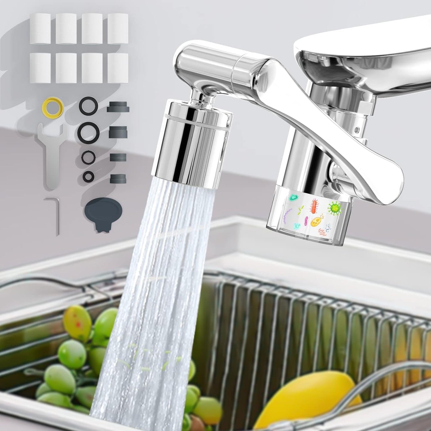 1440° Rotating Faucet Extender Aerator with Visibility Water Filter and Eight Filter Elements Replacement, Universal Foldable Splash Filter Faucet with Two Water Outlet Modes for Kitchen Bathroom Sink