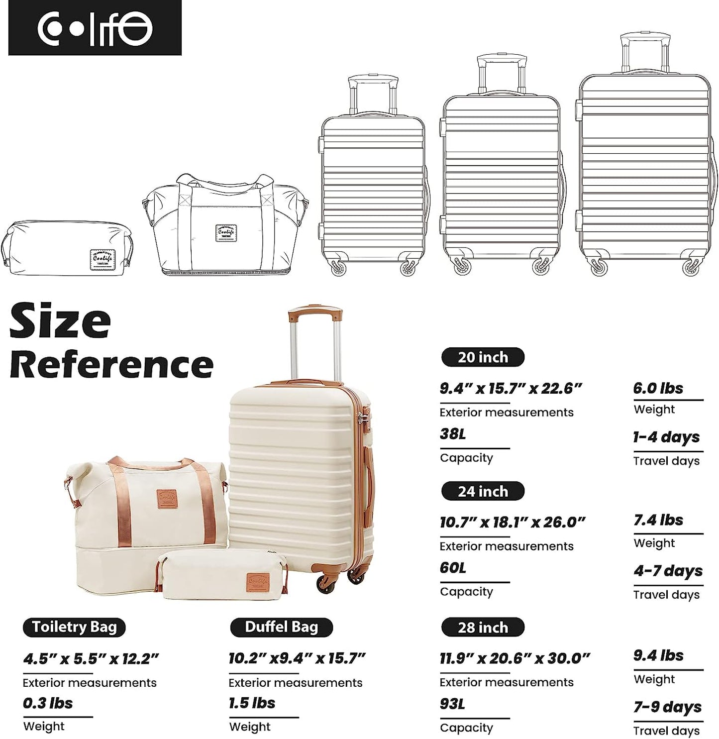 COOLIFE Suitcase Trolley Carry On Hand Cabin Luggage Hard Shell Travel Bag Lightweight with TSA Lock,The Suitcase Included 1pcs Travel Bag and 1pcs Toiletry Bag (White/Brown, 24 Inch Luggage Set)