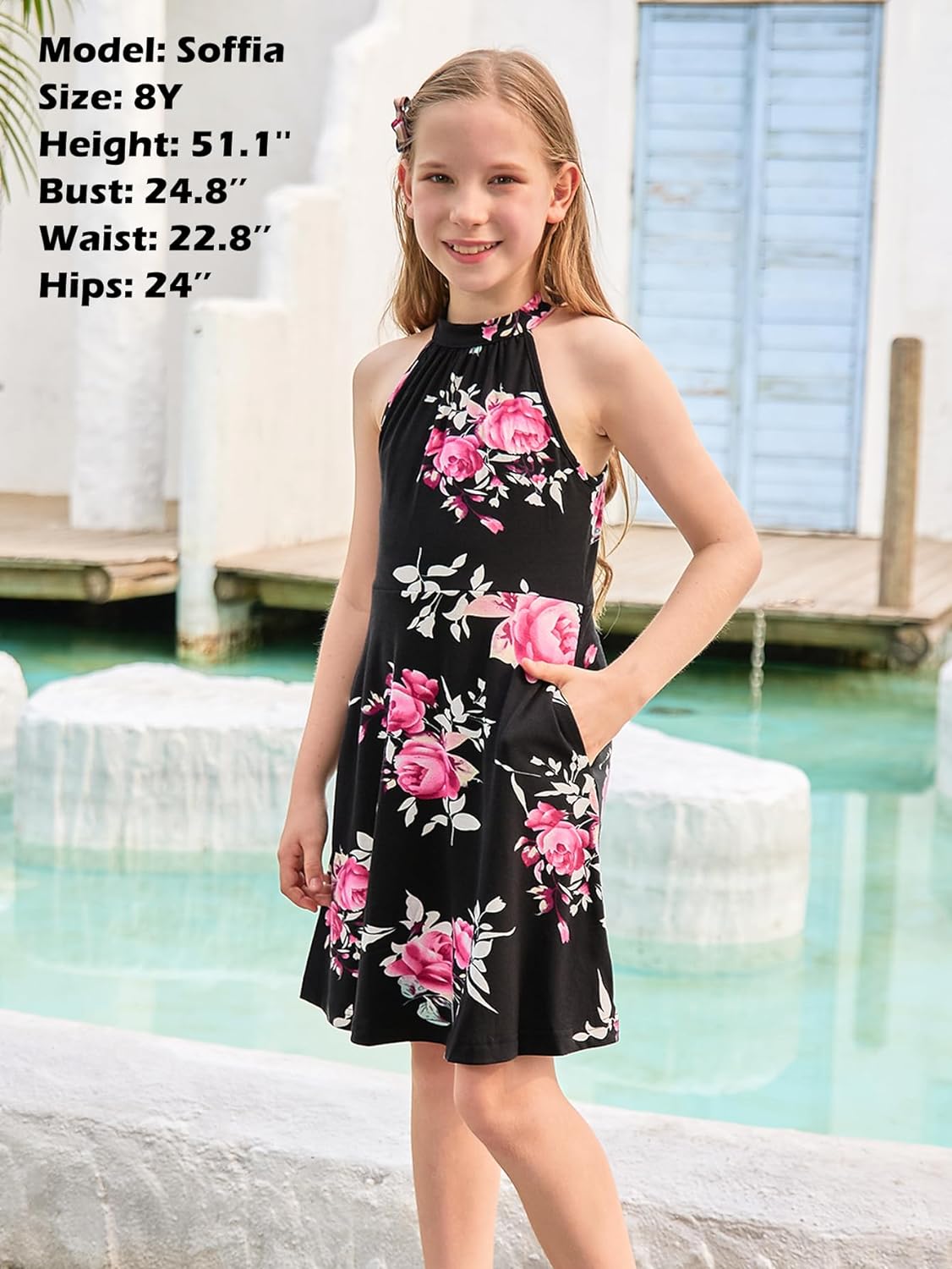 GORLYA Girl's Halter Neck Cold Shoulder Sleeveless Summer Casual Sundress A-line Dress with Pockets for 4-14T Kids