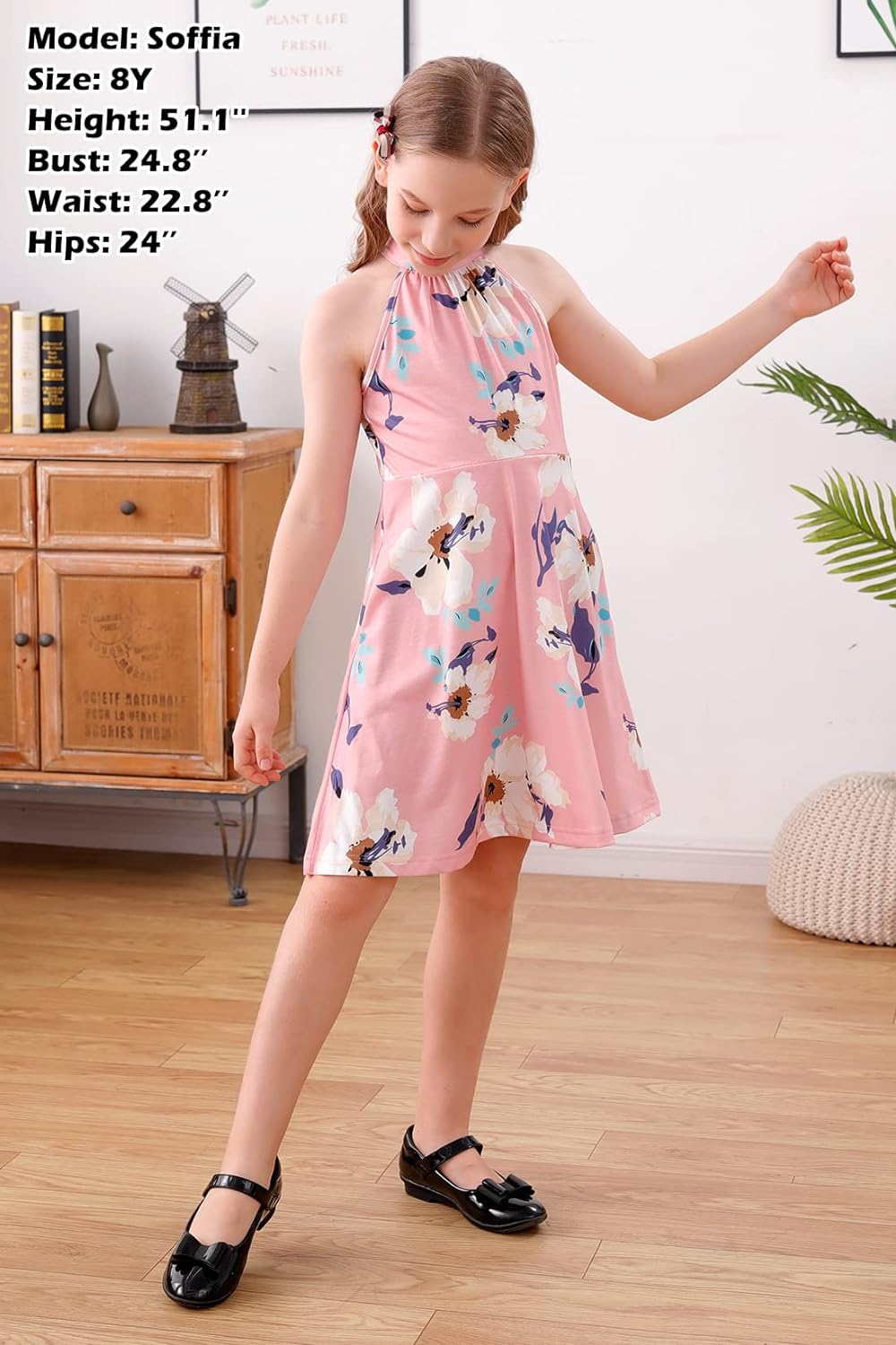 GORLYA Girl's Halter Neck Cold Shoulder Sleeveless Summer Casual Sundress A-line Dress with Pockets for 4-14T Kids