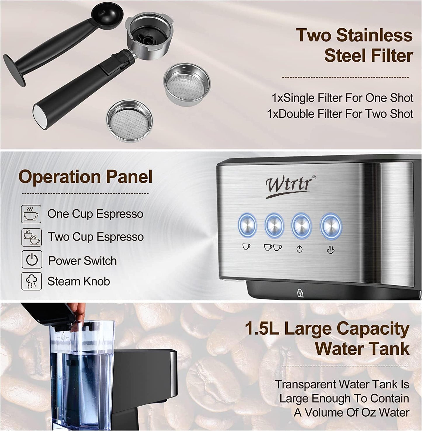 Wtrtr Espresso Machine Coffee, Professional Espresso Maker with Milk Frother Steam Wand,Espresso Manual Coffee Machines,Cappuccino& Latte Macchiato Coffee Maker