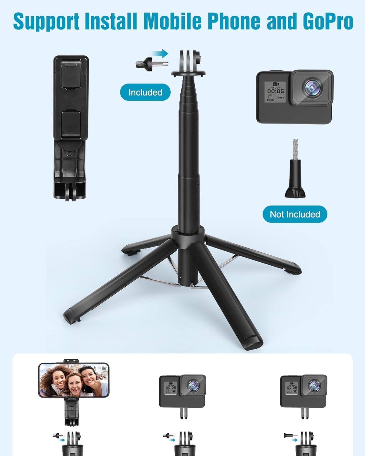 Eocean Selfie Stick Tripod,140cm Extendable Phone Tripod Stand for iPhone/Android Phone, Travel Tripod with Rechargeable Remote & Camera Connector Kit, Portable and Compact