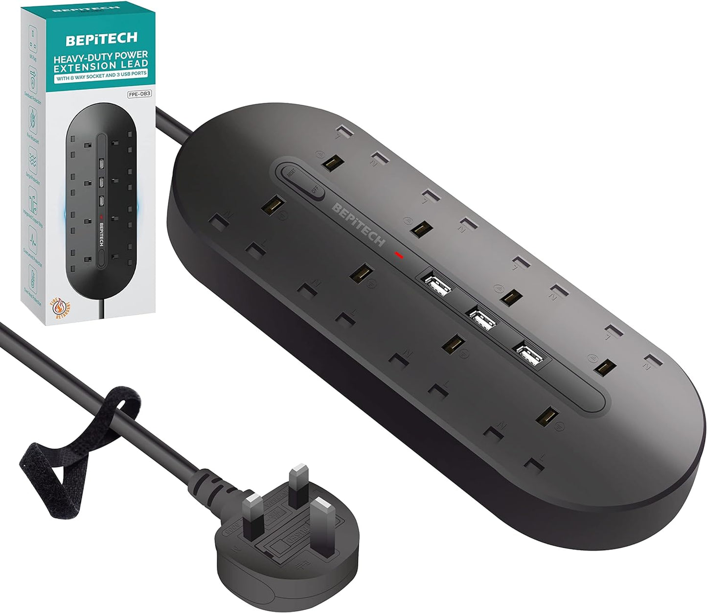BEPiTECH 3-Meter Power Extension Cord Tower,12 Power Sockets 2500W suitable for big plugs with 4 Smart USB Slots Charging Station, Surge Protector Heavy Duty Power Strip for Office & Home Desktop