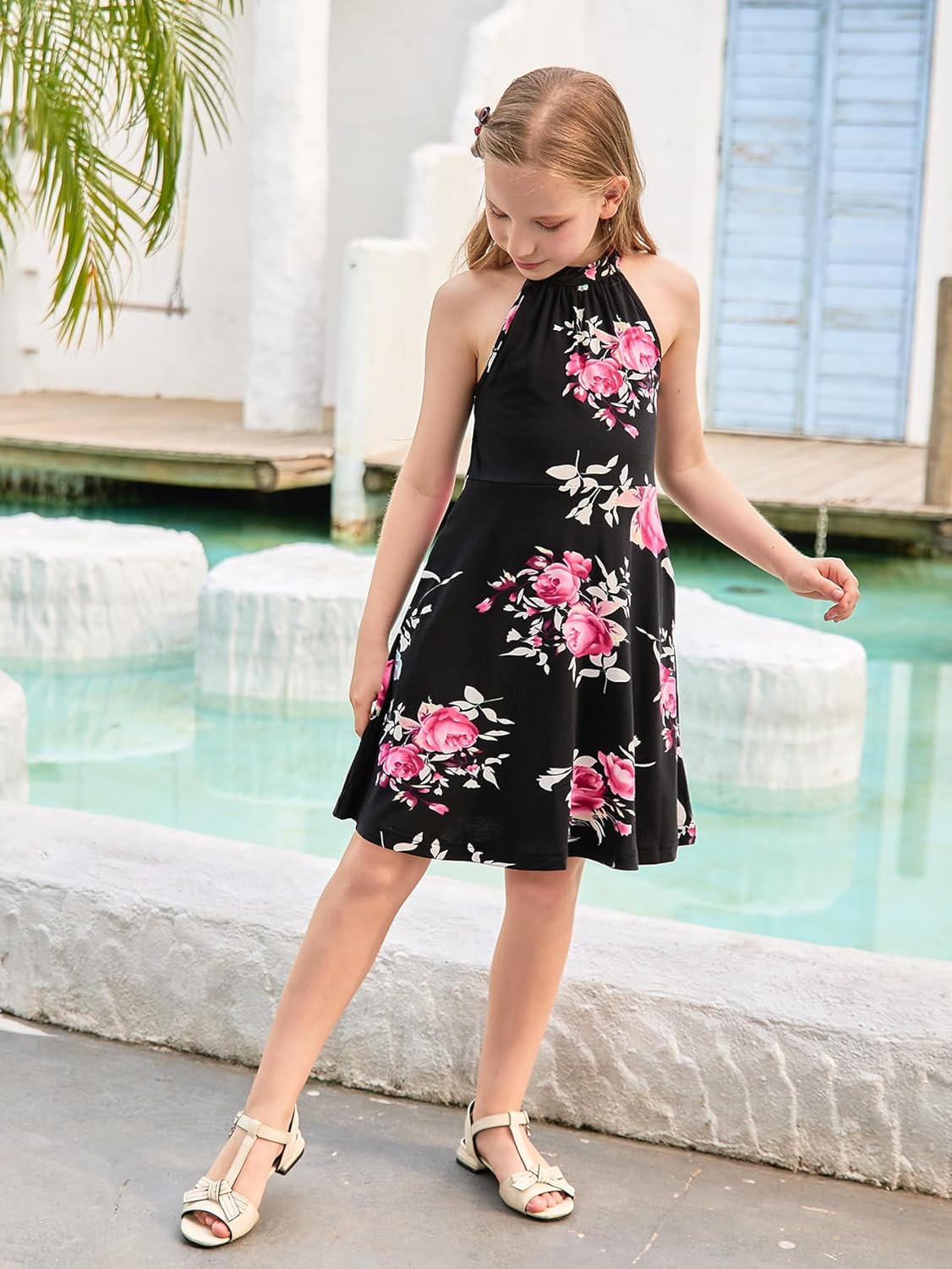 GORLYA Girl's Halter Neck Cold Shoulder Sleeveless Summer Casual Sundress A-line Dress with Pockets for 4-14T Kids
