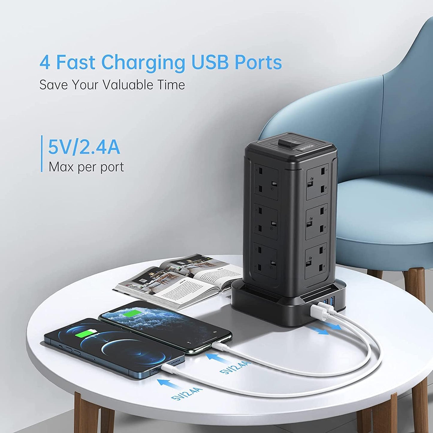 BEPiTECH 3-Meter Power Extension Cord Tower,12 Power Sockets 2500W suitable for big plugs with 4 Smart USB Slots Charging Station, Surge Protector Heavy Duty Power Strip for Office & Home Desktop