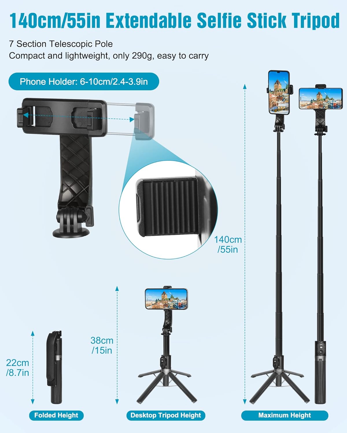 Eocean Selfie Stick Tripod,140cm Extendable Phone Tripod Stand for iPhone/Android Phone, Travel Tripod with Rechargeable Remote & Camera Connector Kit, Portable and Compact