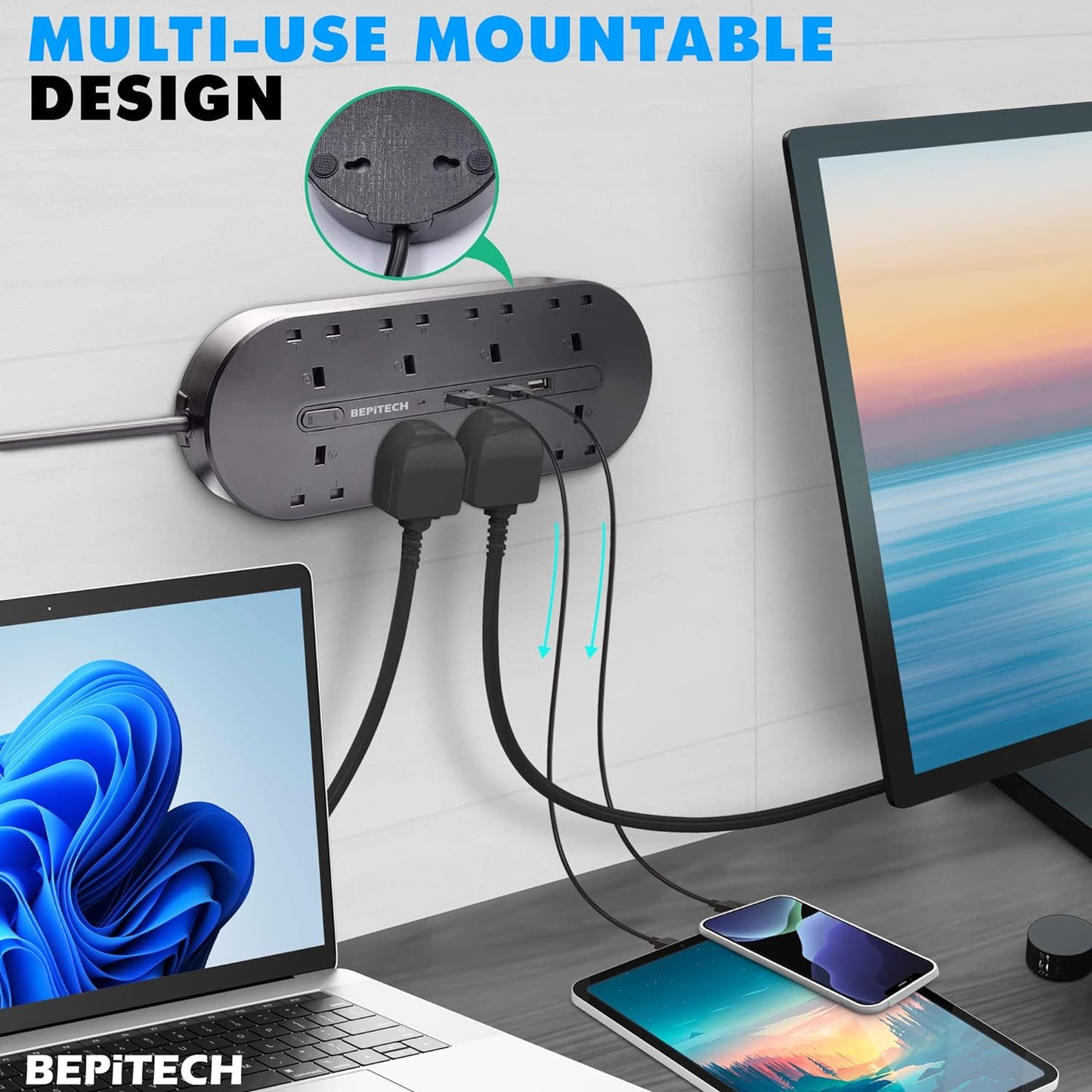 BEPiTECH 3-Meter Power Extension Cord Tower,12 Power Sockets 2500W suitable for big plugs with 4 Smart USB Slots Charging Station, Surge Protector Heavy Duty Power Strip for Office & Home Desktop