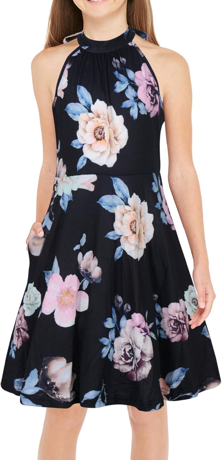 GORLYA Girl's Halter Neck Cold Shoulder Sleeveless Summer Casual Sundress A-line Dress with Pockets for 4-14T Kids