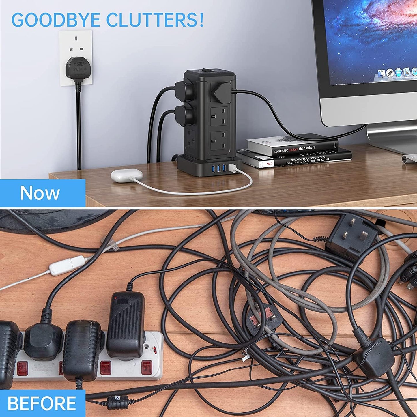 BEPiTECH 3-Meter Power Extension Cord Tower,12 Power Sockets 2500W suitable for big plugs with 4 Smart USB Slots Charging Station, Surge Protector Heavy Duty Power Strip for Office & Home Desktop
