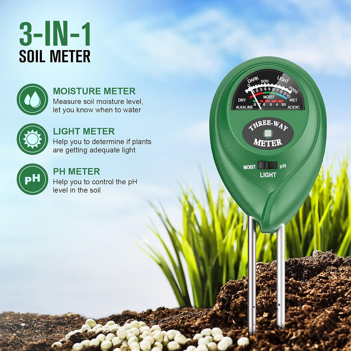 Atree Soil pH Meter, 3-in-1 Soil Tester Kits with Moisture,Light and PH Test for Garden, Farm, Lawn, Indoor & Outdoor (No Battery Needed)