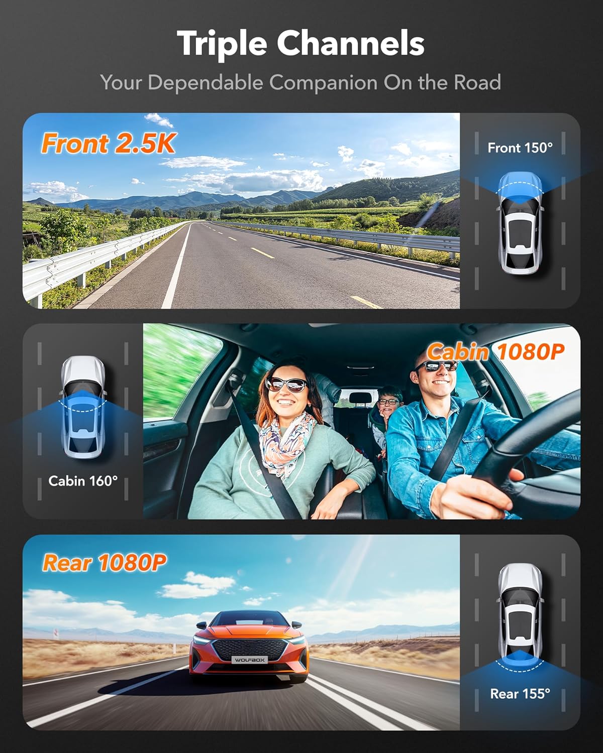 WOLFBOX i07 Dash Cam 3 Channel with WiFi GPS, 4K Dash Camera Front and Inside, 3 Way Dash Camera for Cars, 3" LCD Dash Cam Front and Rear, Super IR Night Vision, 24H Time Lapse, Support 512GB Max