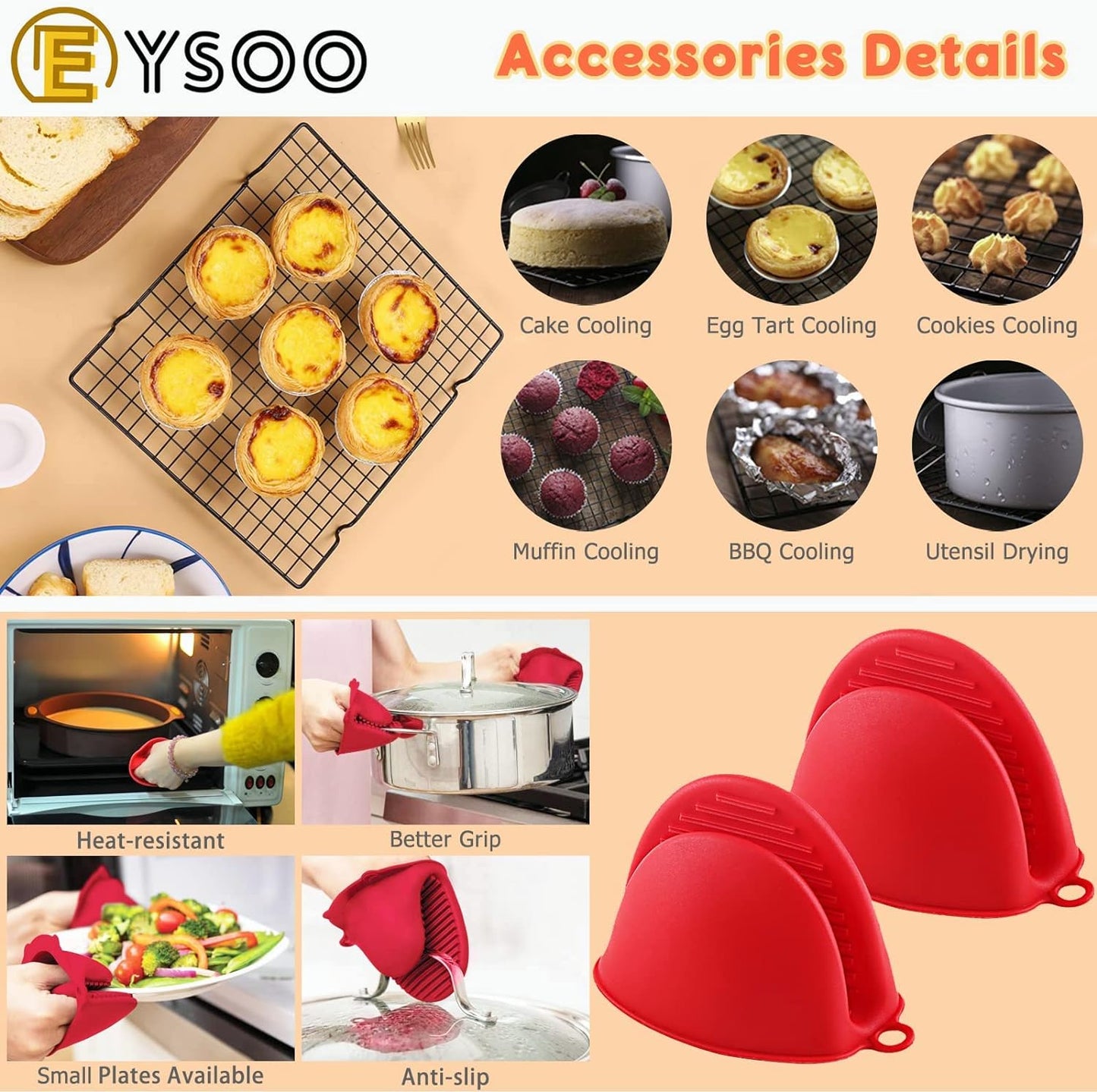 EYSOO Nonstick Bakeware Set 7 Pcs Baking Pans Set- Pizza Tray, Round/Square Pans, Loaf Pan, 6-Cup Muffin Pan Carbon Steel Baking Trays Oven Trays for Bakers Beginners with Rack & Cotton Gloves