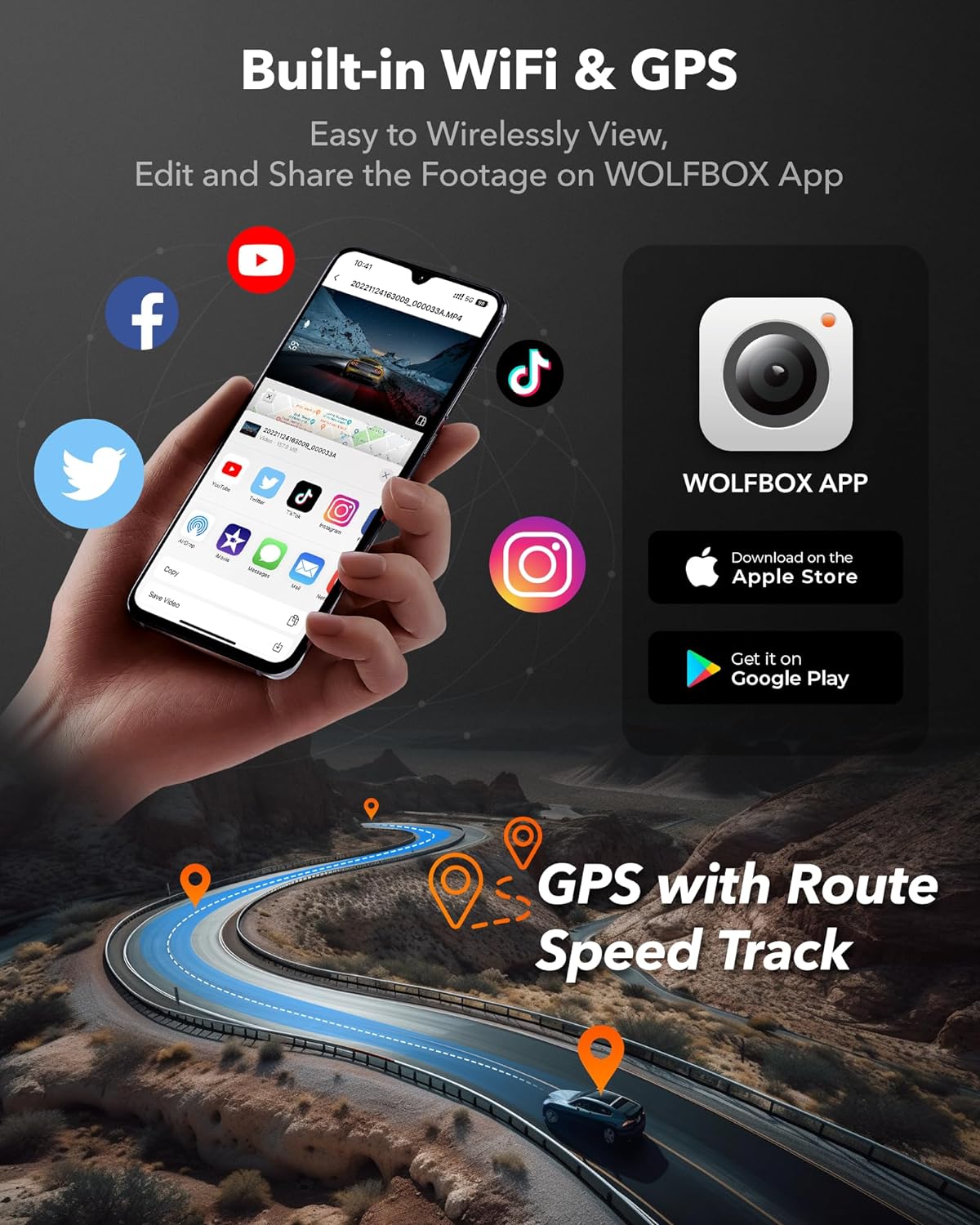 WOLFBOX i07 Dash Cam 3 Channel with WiFi GPS, 4K Dash Camera Front and Inside, 3 Way Dash Camera for Cars, 3" LCD Dash Cam Front and Rear, Super IR Night Vision, 24H Time Lapse, Support 512GB Max