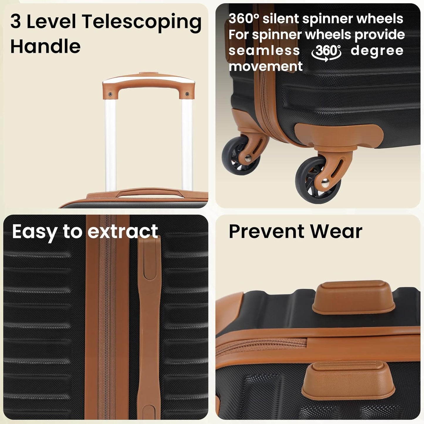COOLIFE Suitcase Trolley Carry On Hand Cabin Luggage Hard Shell Travel Bag Lightweight with TSA Lock,The Suitcase Included 1pcs Travel Bag and 1pcs Toiletry Bag (White/Brown, 24 Inch Luggage Set)