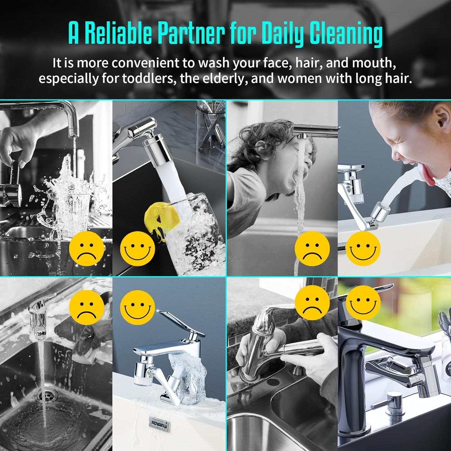 1440° Rotating Faucet Extender Aerator with Visibility Water Filter and Eight Filter Elements Replacement, Universal Foldable Splash Filter Faucet with Two Water Outlet Modes for Kitchen Bathroom Sink