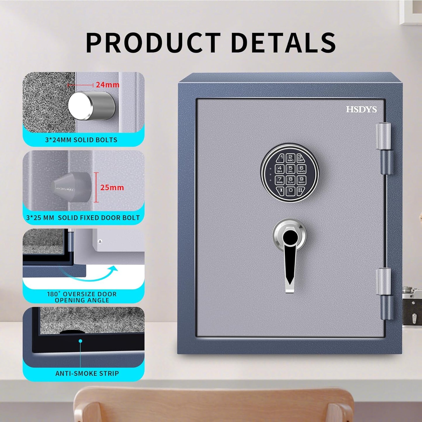HSDYS Fireproof Safe Box 1.0 Cubic Feet,Security Safe With Digital Keypad and Key Lock, Home Safe Locker Box For Storing Documents,Jewelry,Money